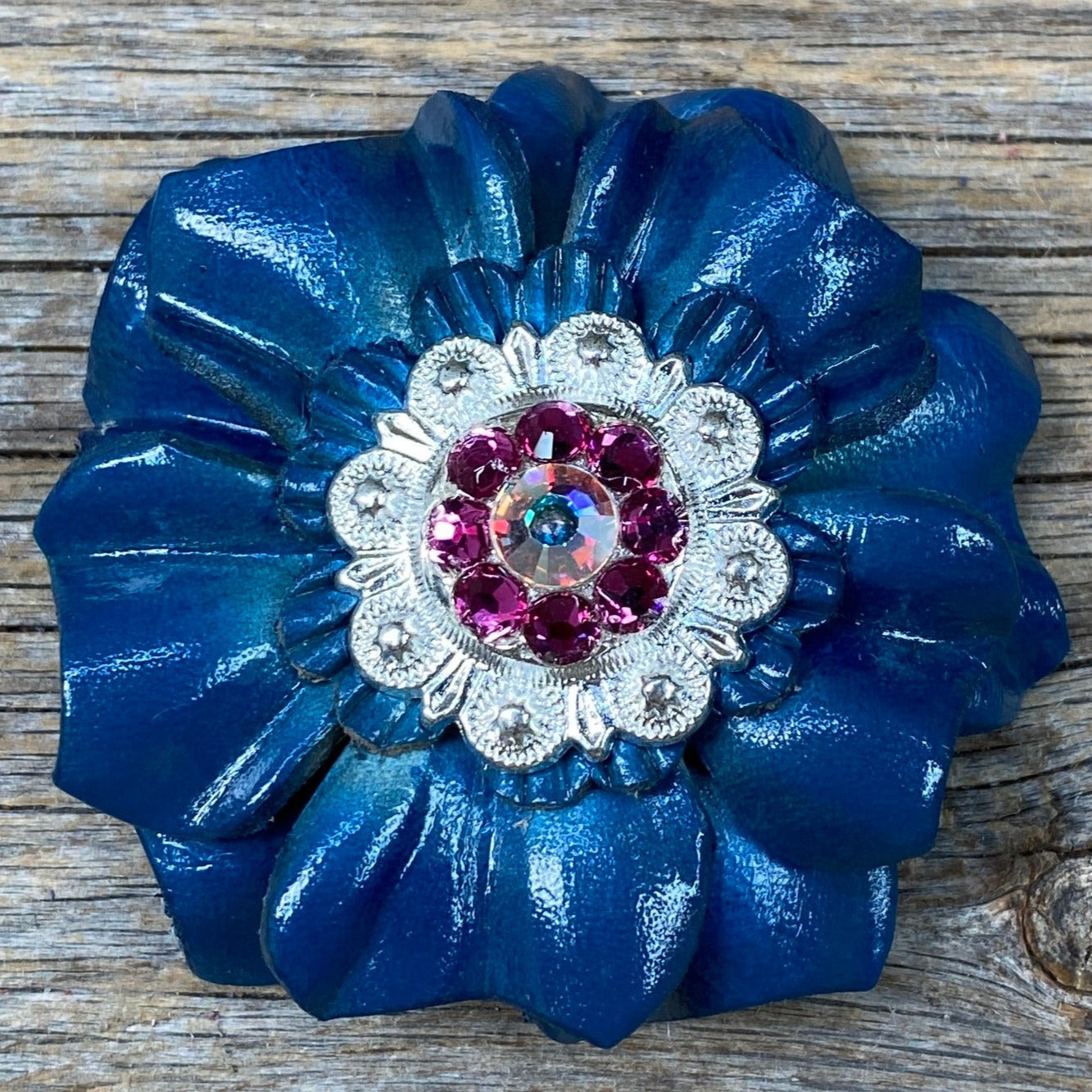 Teal Carnations Leather Flowers - 1" Crystal Conchos - Options — view 7