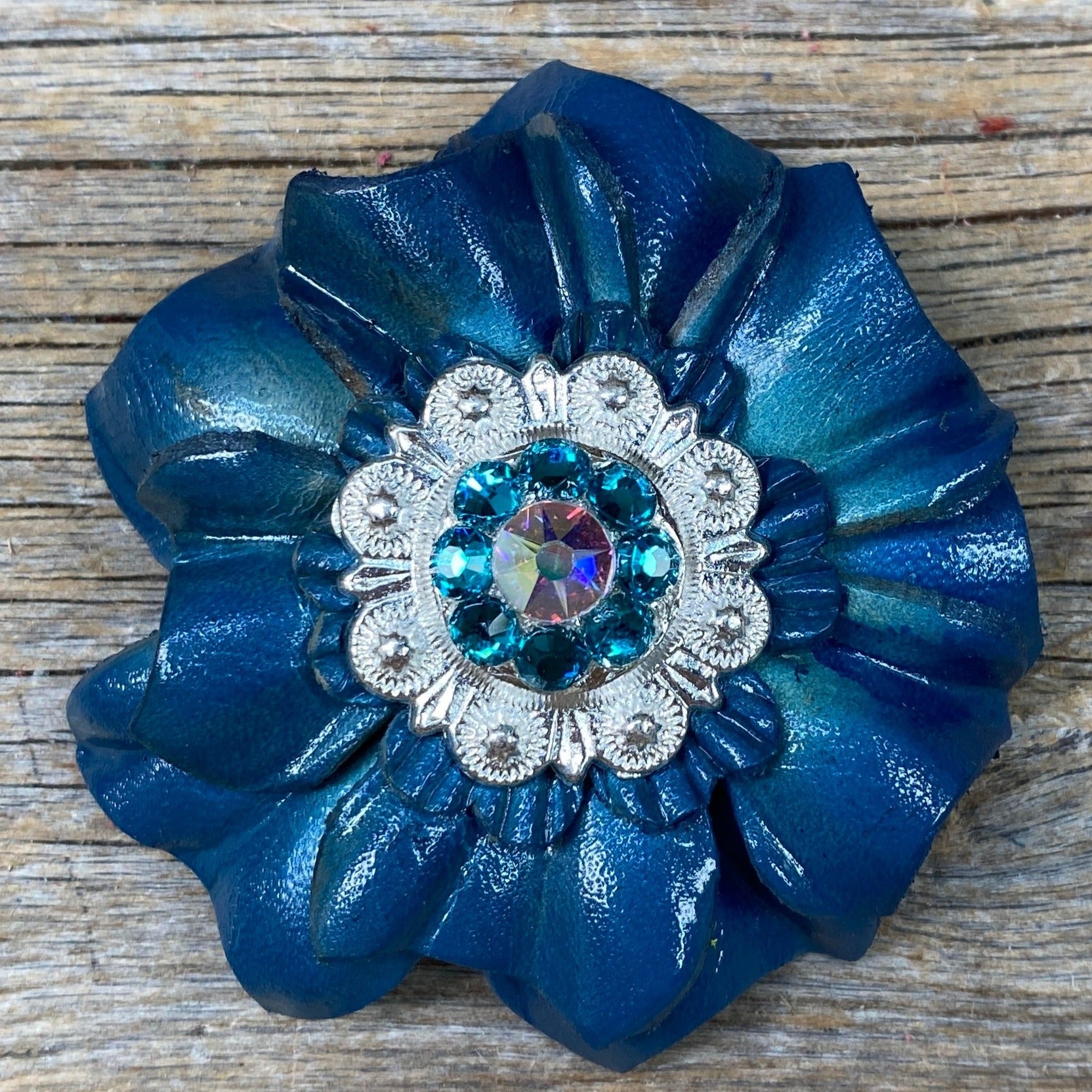 Teal Carnations Leather Flowers - 1" Crystal Conchos - Options — view 3