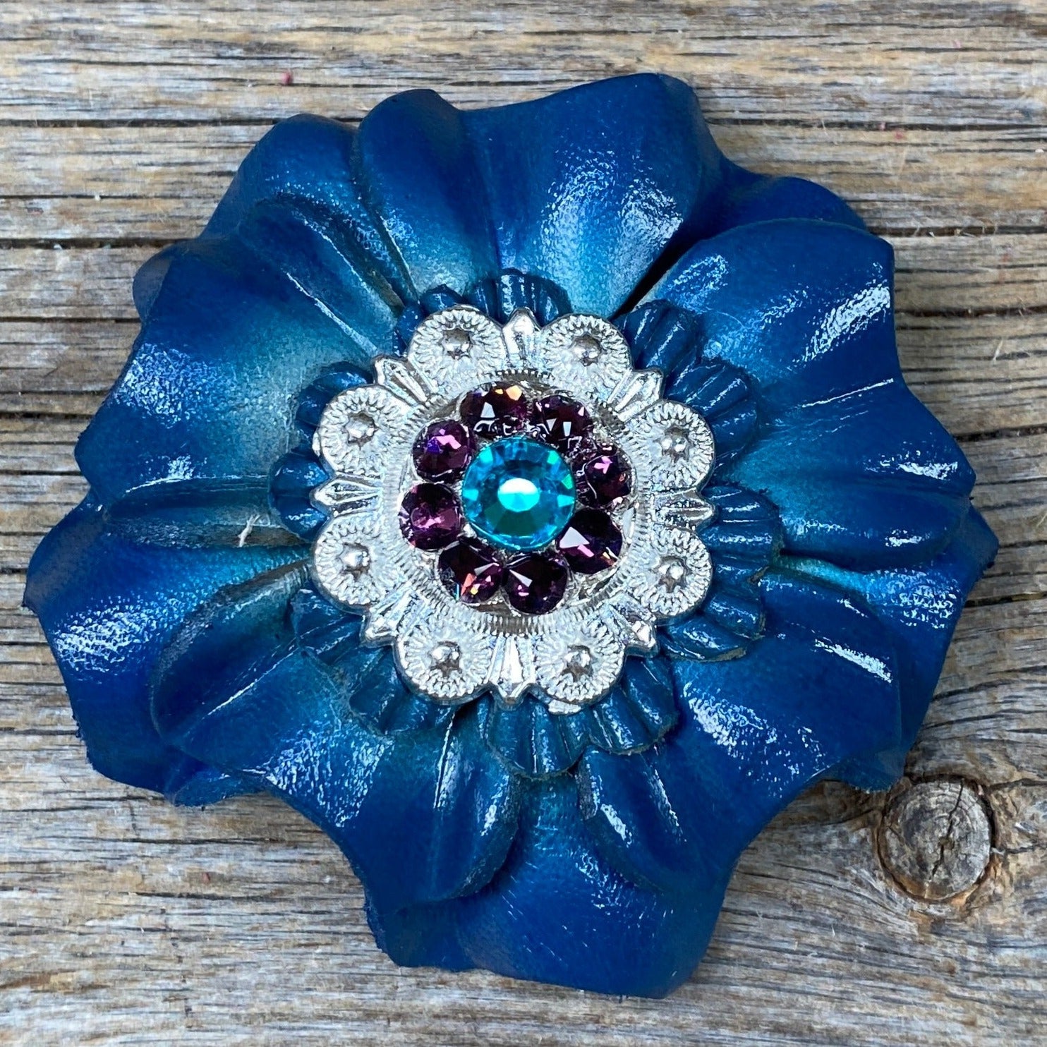 Teal Carnations Leather Flowers - 1" Crystal Conchos - Options — view 5