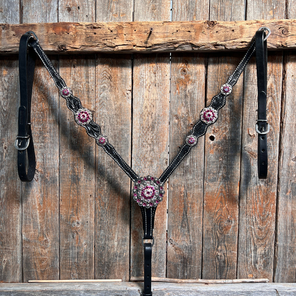 Black Floral Fuchsia Browband / One Ear Tack Set #BBBC596 — view 8