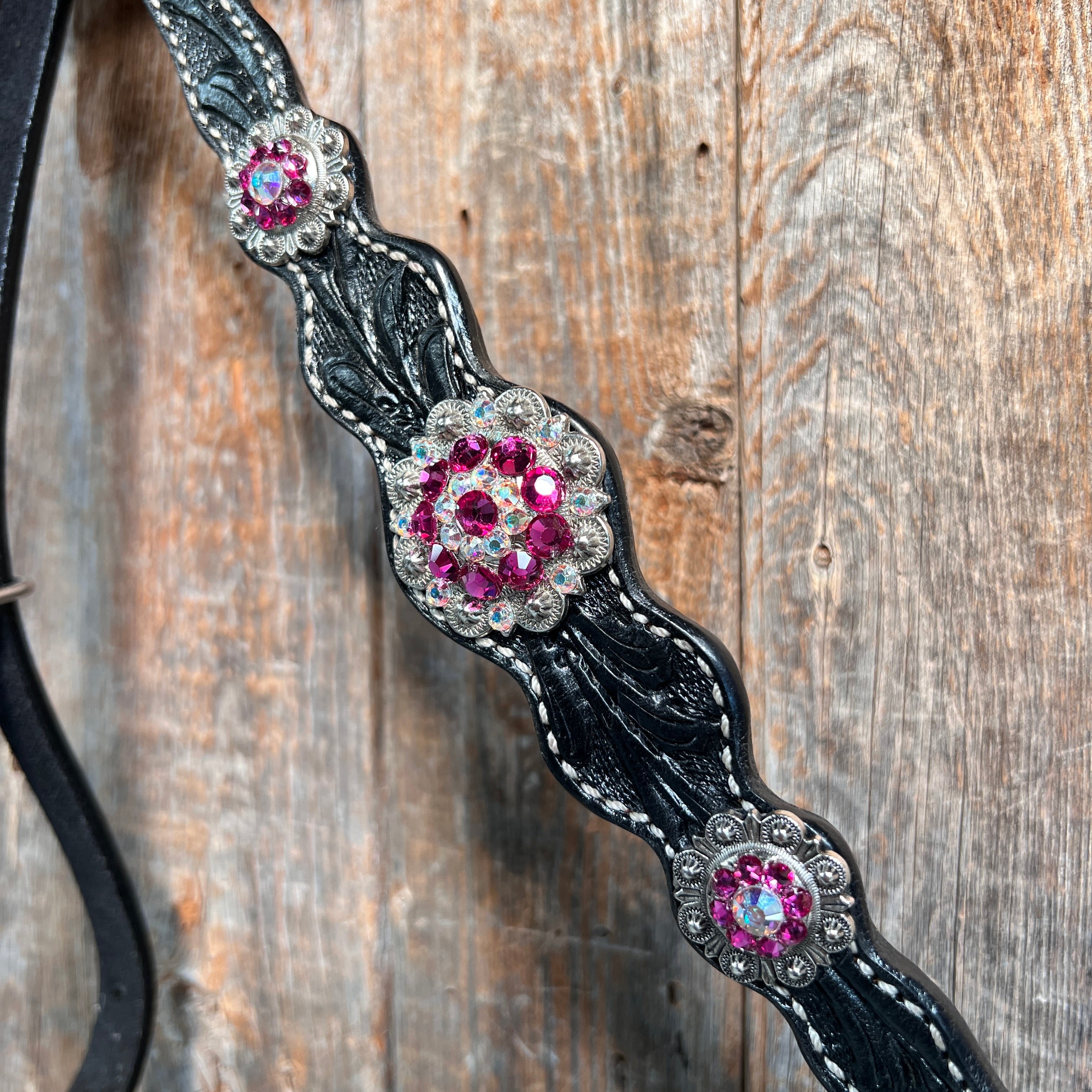 Black Floral Fuchsia Browband / One Ear Tack Set #BBBC596 — view 9