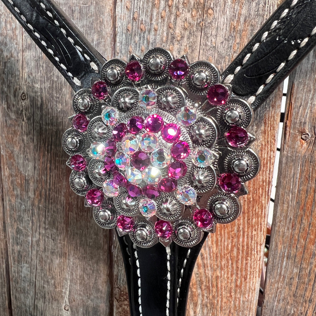 Black Floral Fuchsia Browband / One Ear Tack Set #BBBC596 — view 10