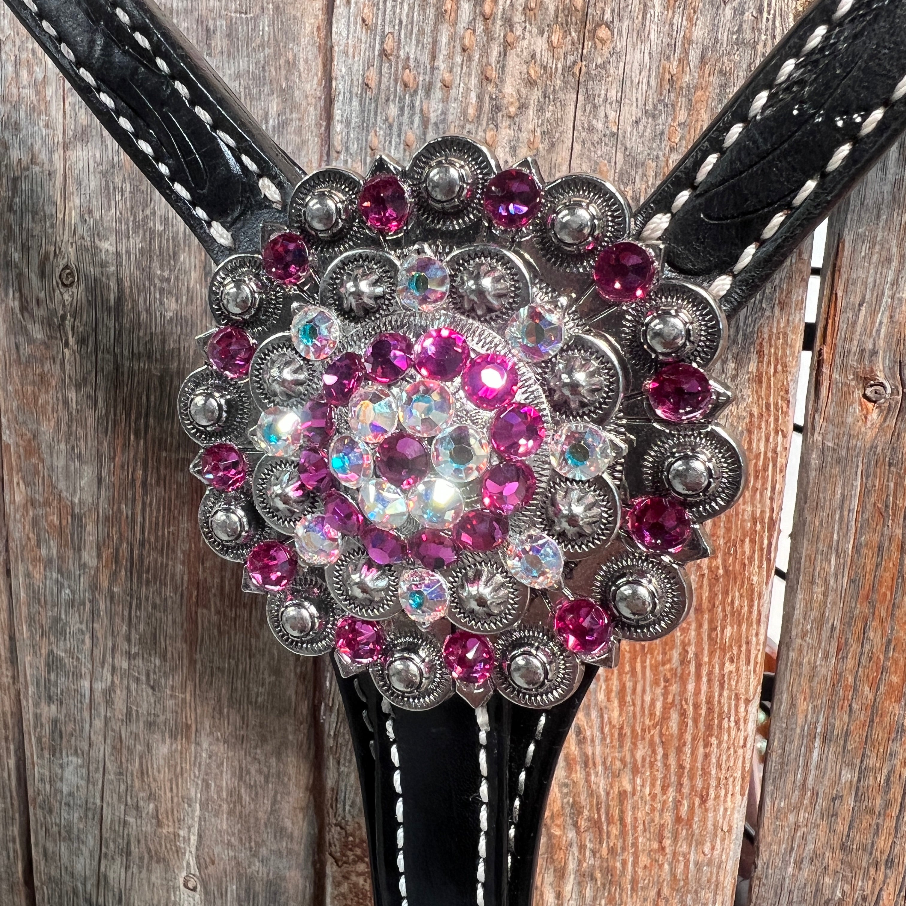 Black Floral Fuchsia Browband / One Ear Tack Set #BBBC596 — view 10