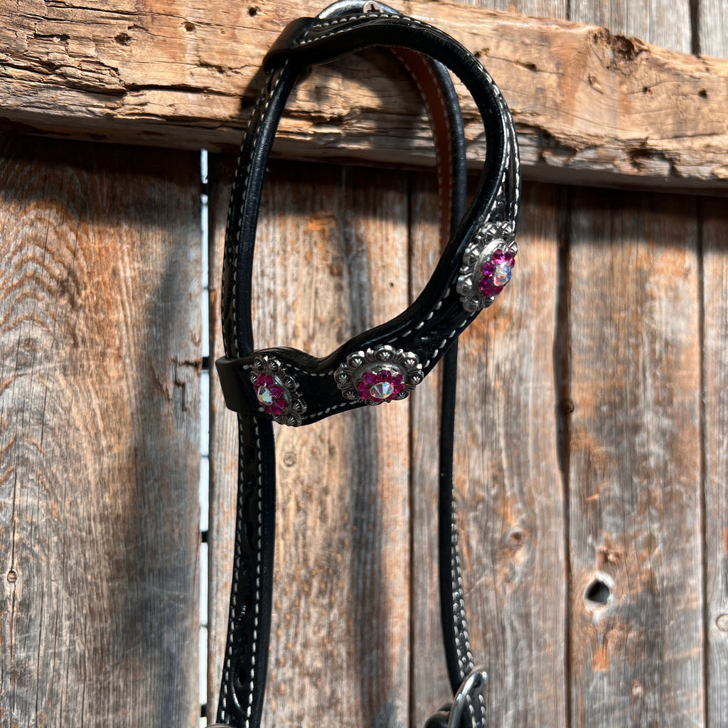 Black Floral Fuchsia Browband / One Ear Tack Set #BBBC596 — view 7
