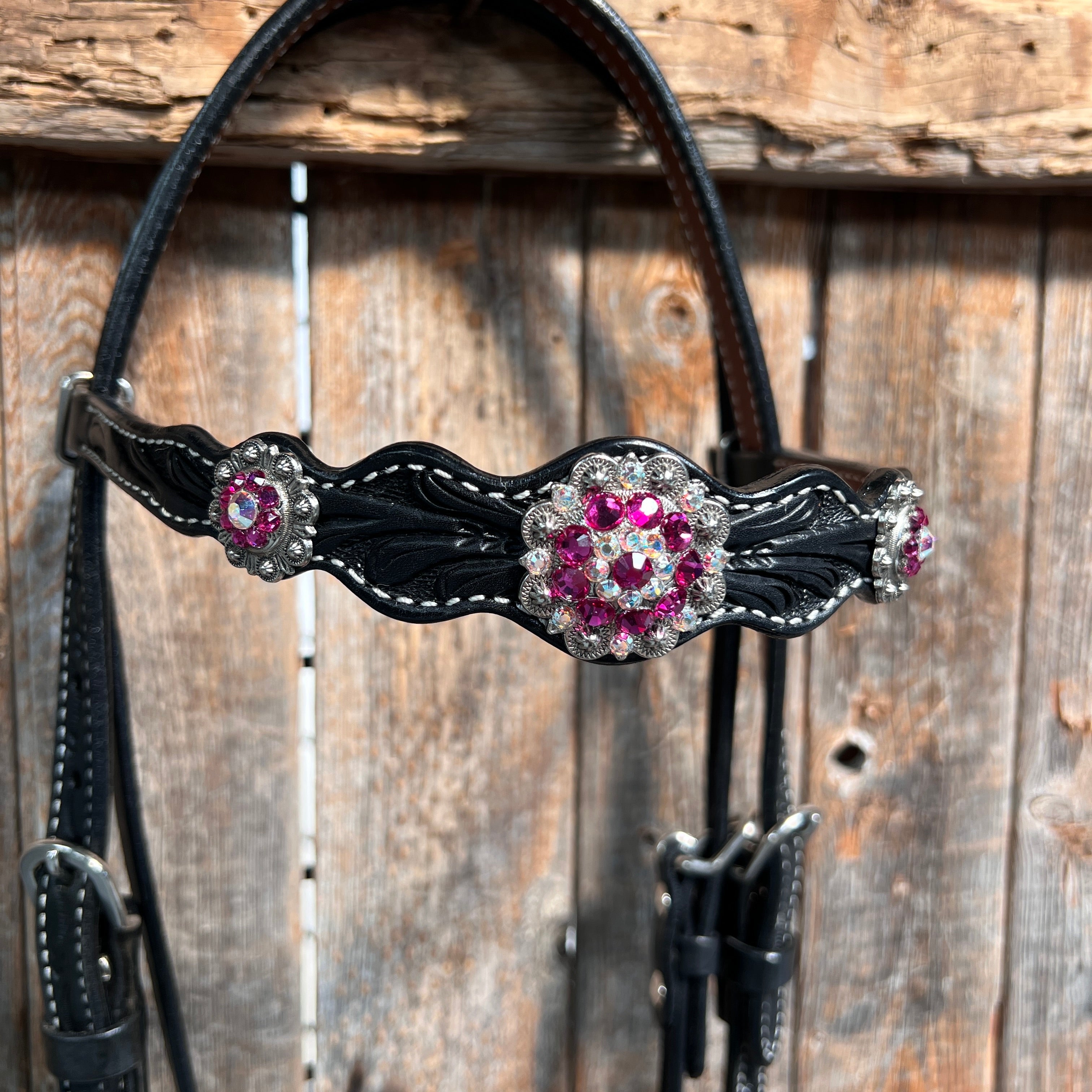 Black Floral Fuchsia Browband / One Ear Tack Set #BBBC596 — view 4