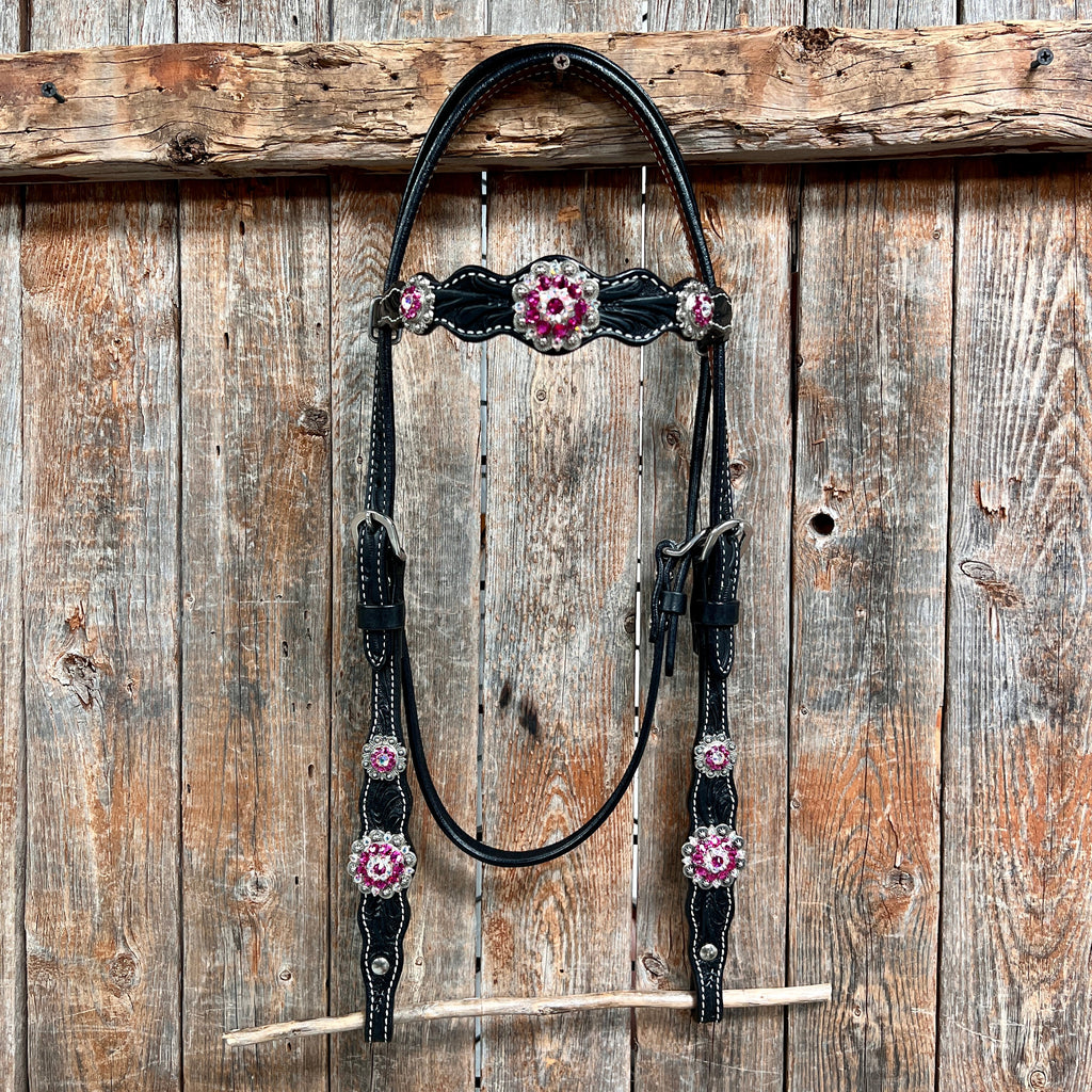 Black Floral Fuchsia Browband / One Ear Tack Set #BBBC596 — view 3