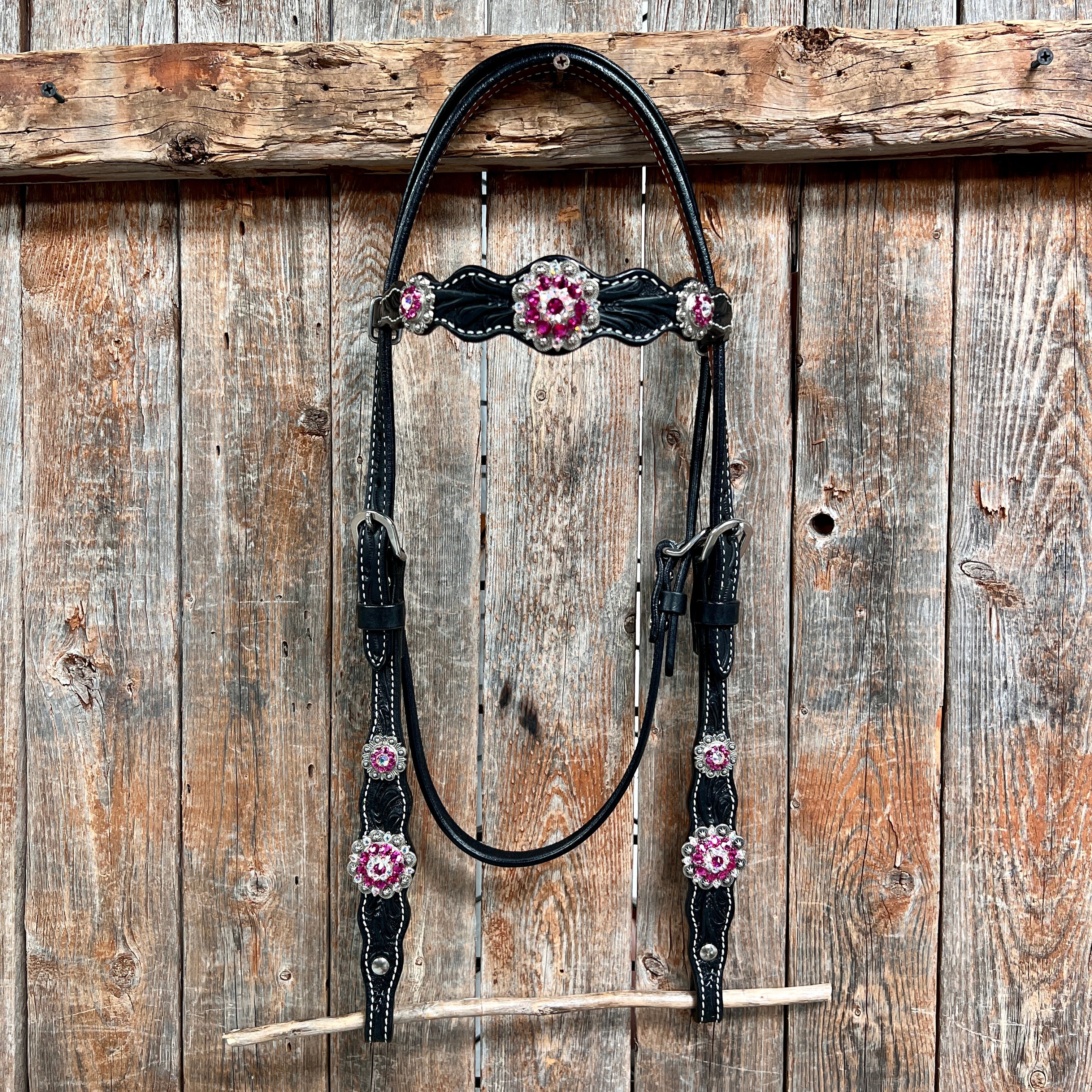 Black Floral Fuchsia Browband / One Ear Tack Set #BBBC596 — view 3
