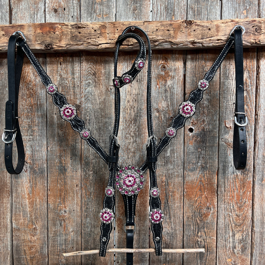 Black Floral Fuchsia Browband / One Ear Tack Set #BBBC596 — view 2