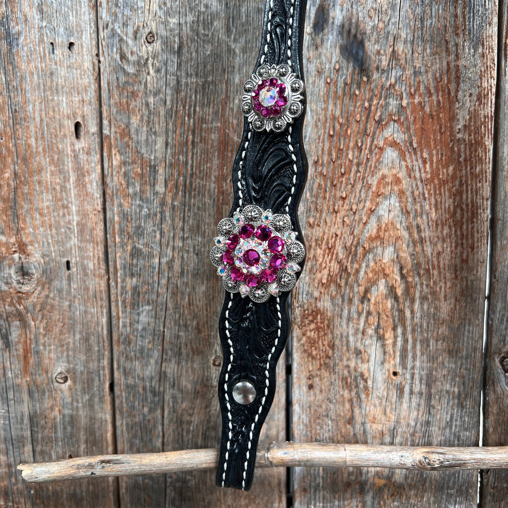 Black Floral Fuchsia Browband / One Ear Tack Set #BBBC596 — view 5