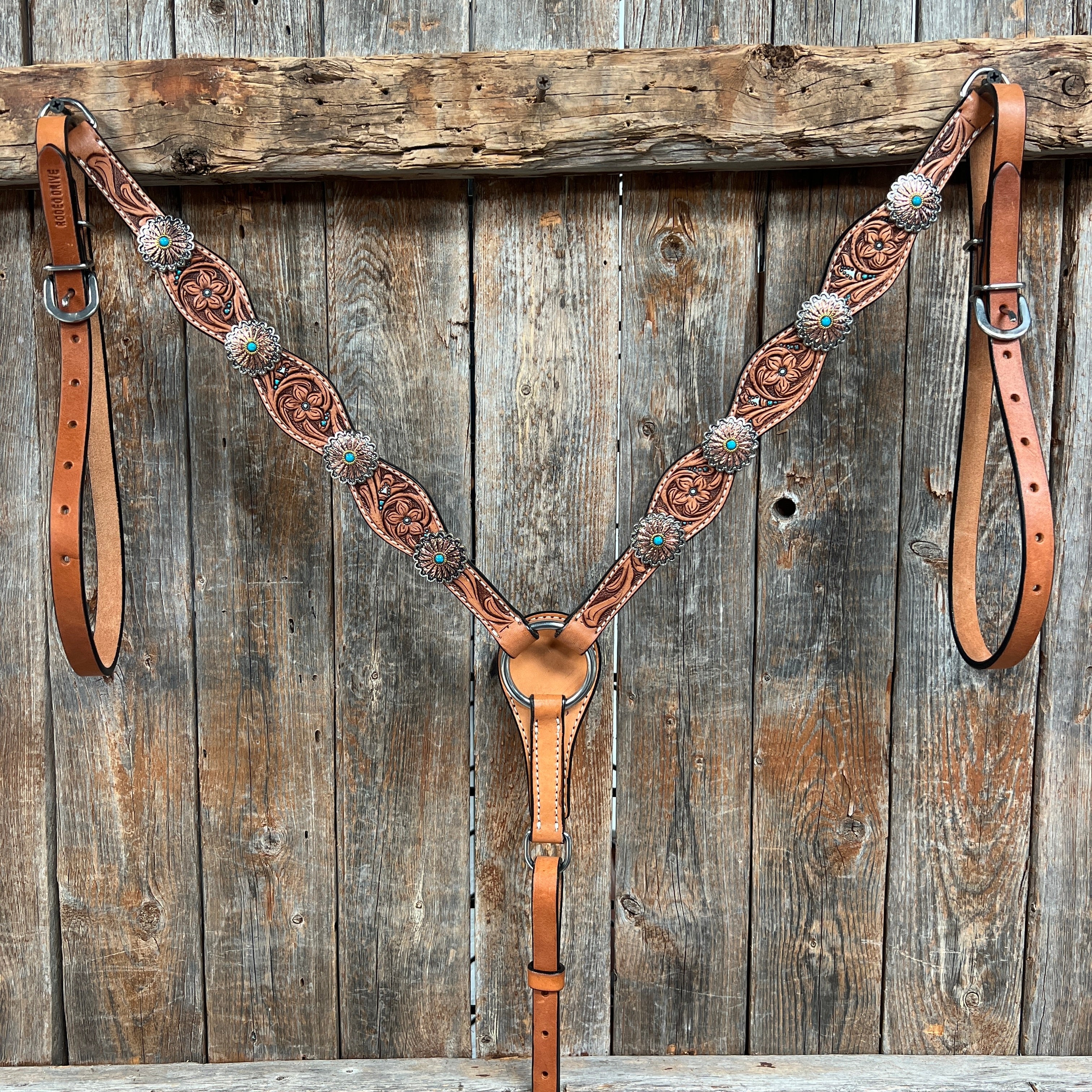 Floral Teal Dot Western Floral Browband/One Ear Headstall & Breastcollar Tack Set #BBBC593 — view 9