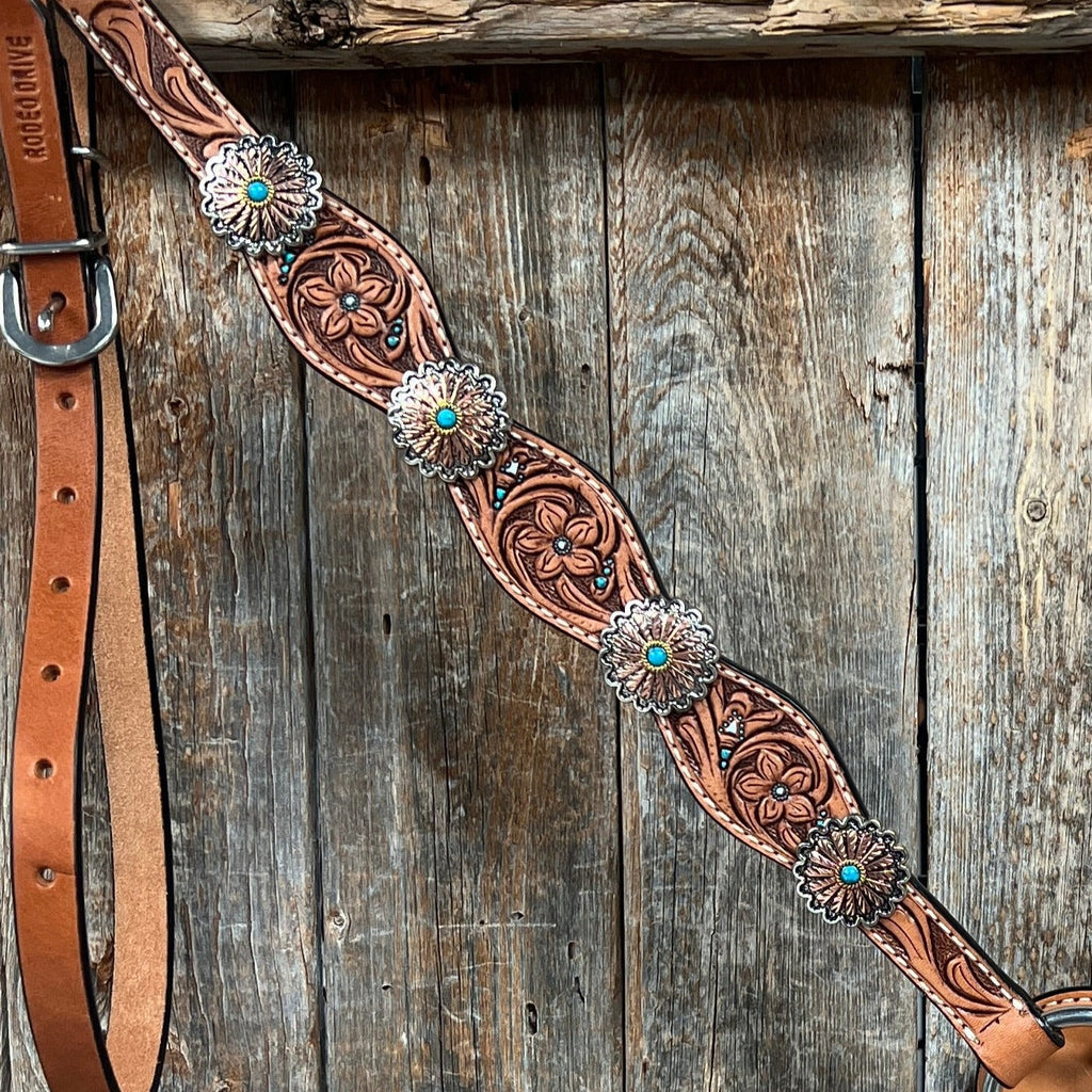 Floral Teal Dot Western Floral Browband/One Ear Headstall & Breastcollar Tack Set #BBBC593 — view 10