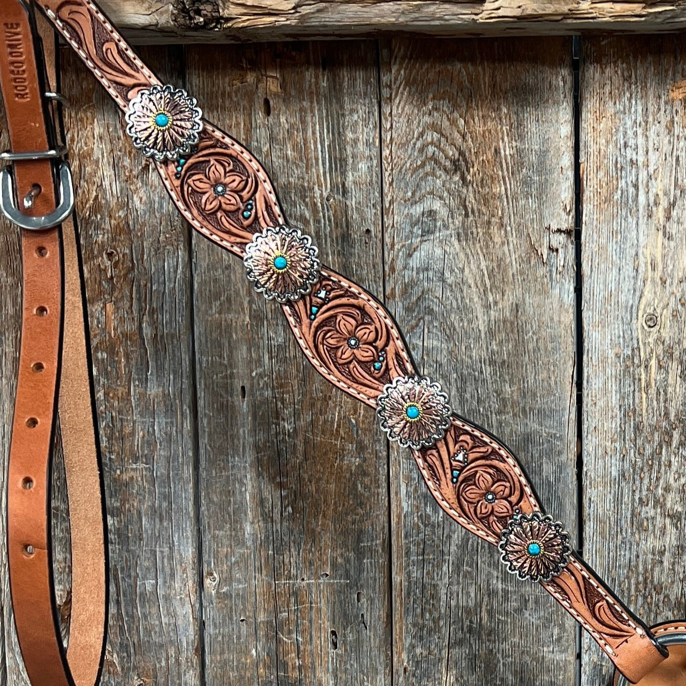 Floral Teal Dot Western Floral Browband/One Ear Headstall & Breastcollar Tack Set #BBBC593 — view 10