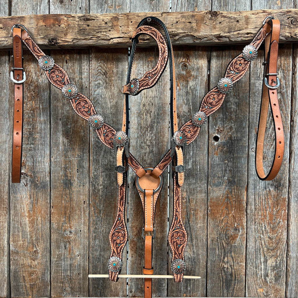 Floral Teal Dot Western Floral Browband/One Ear Headstall & Breastcollar Tack Set #BBBC593 — view 2