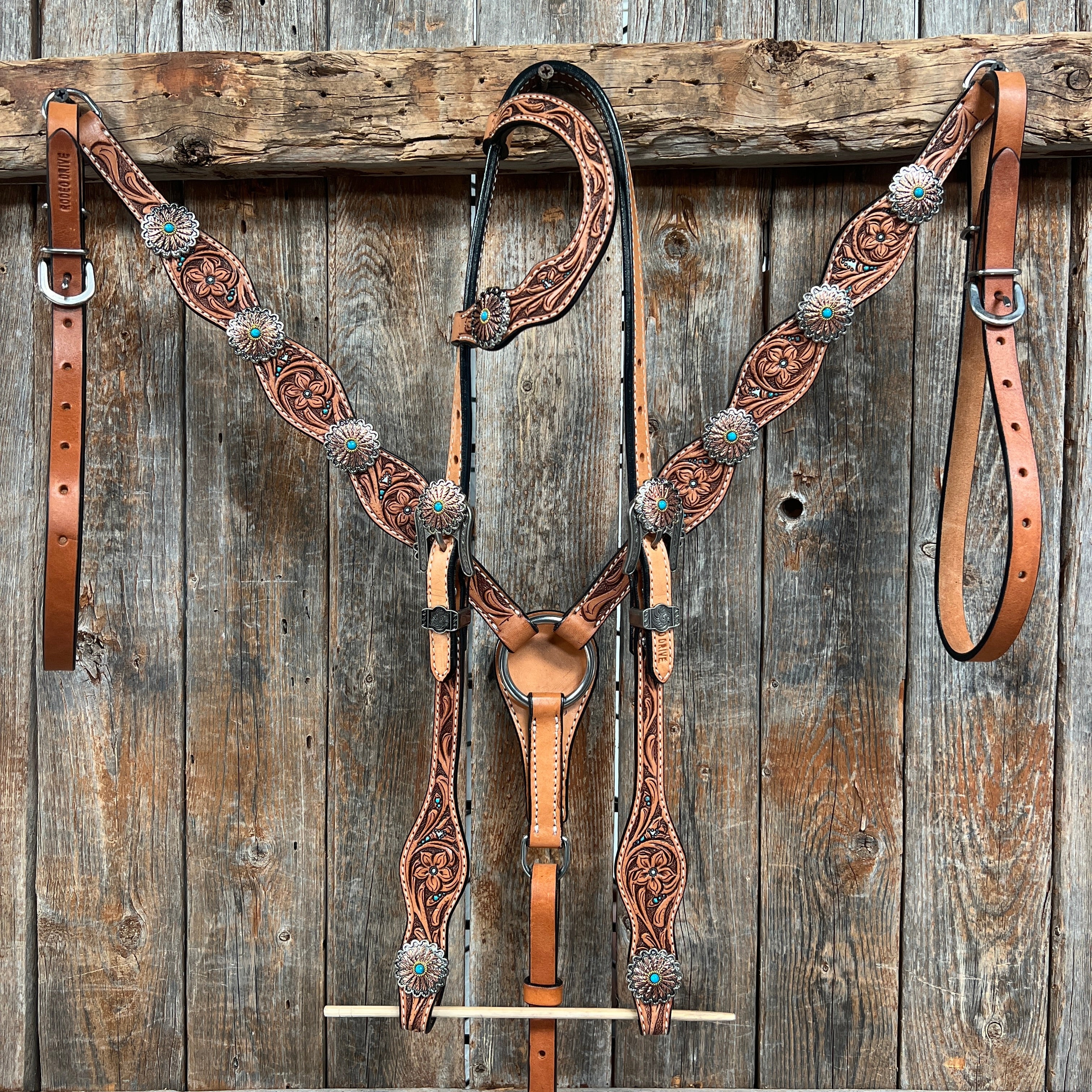 Floral Teal Dot Western Floral Browband/One Ear Headstall & Breastcollar Tack Set #BBBC593 — view 2