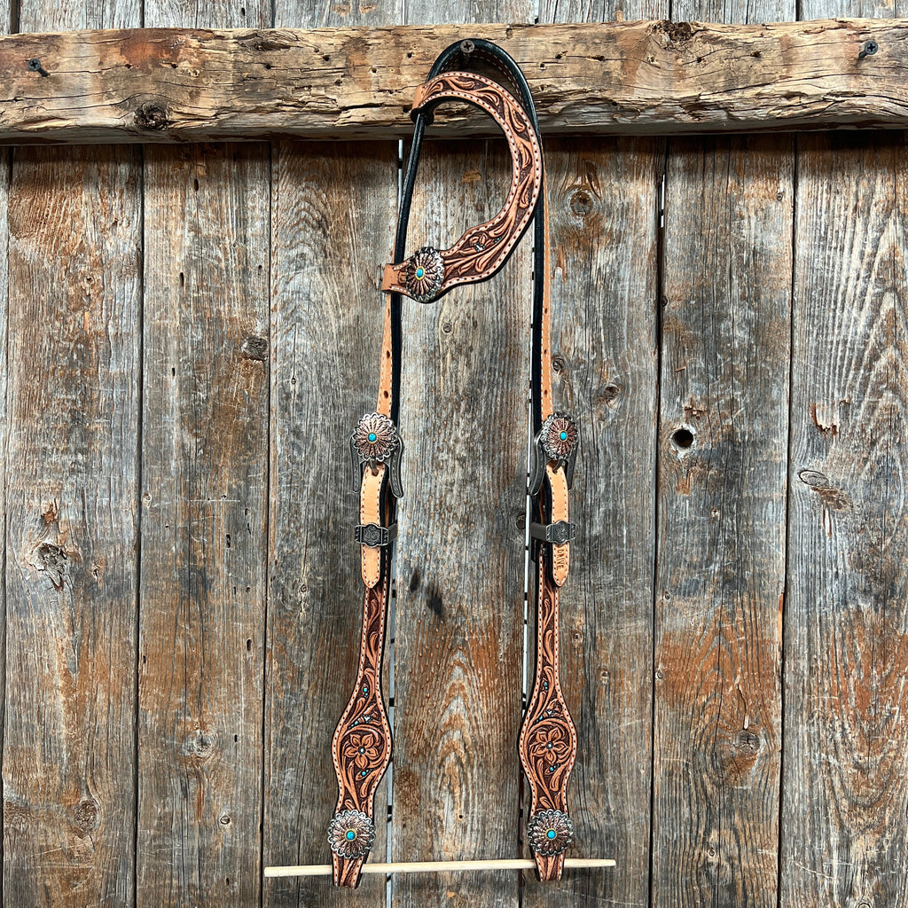 Floral Teal Dot Western Floral Browband/One Ear Headstall & Breastcollar Tack Set #BBBC593 — view 7