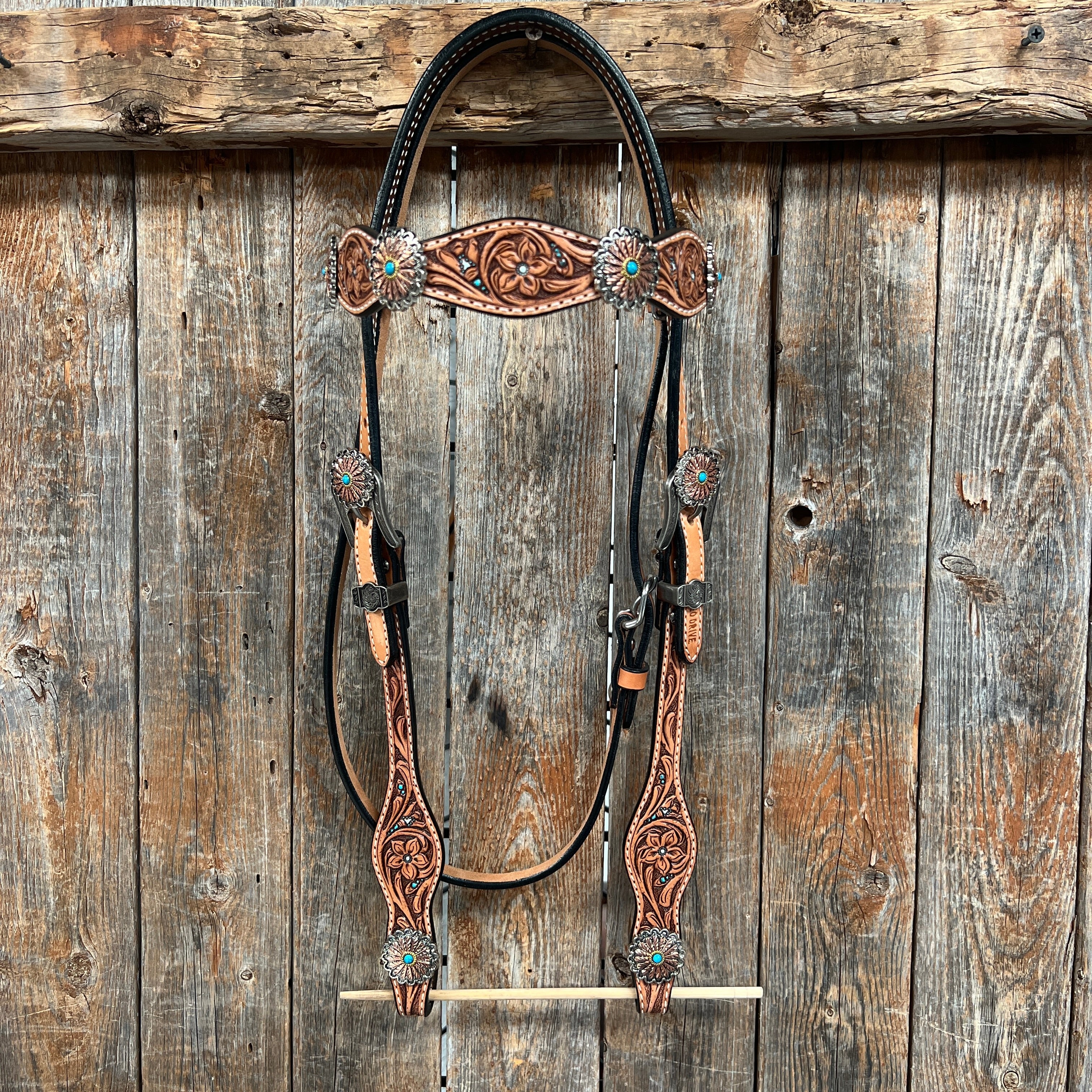 Floral Teal Dot Western Floral Browband/One Ear Headstall & Breastcollar Tack Set #BBBC593 — view 3