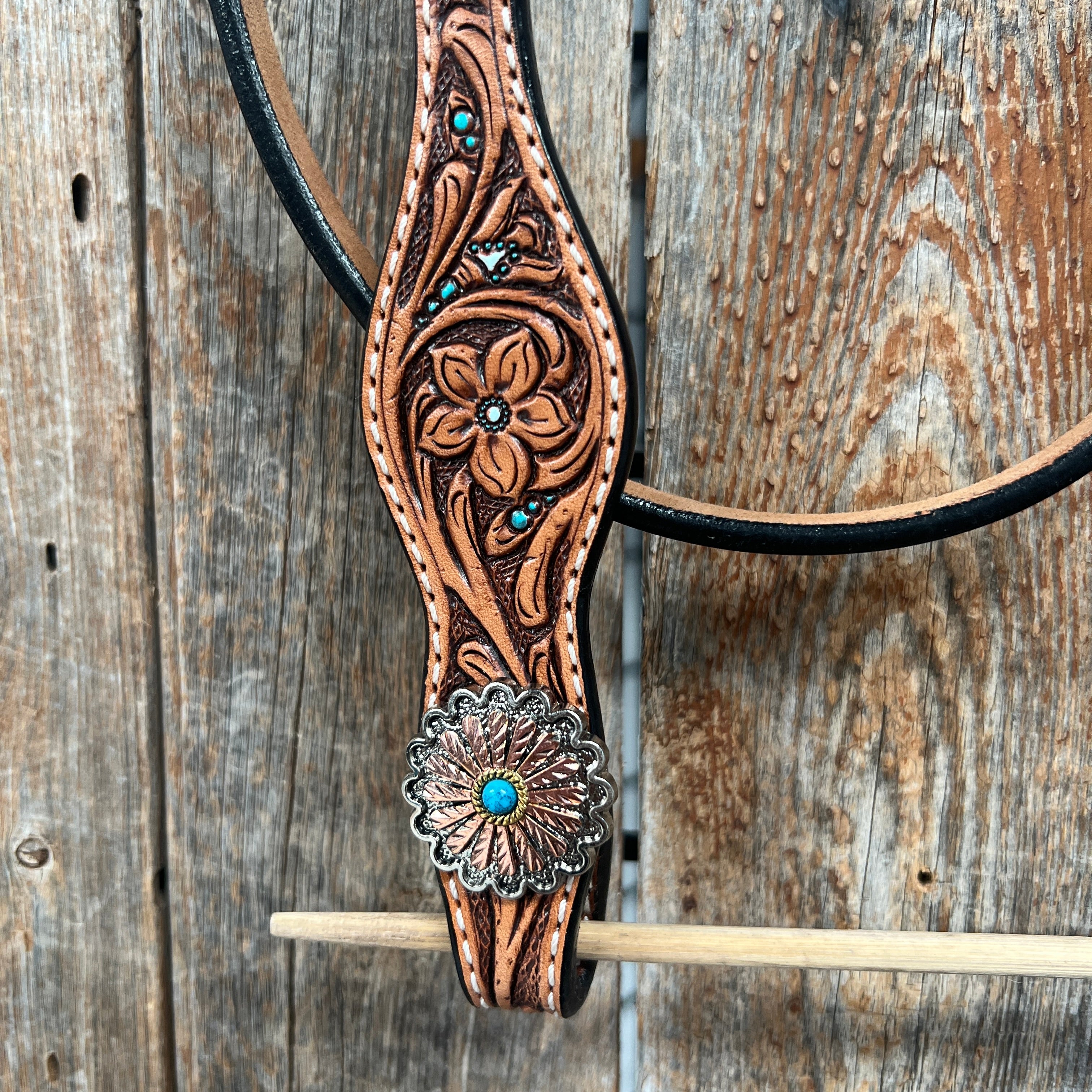 Floral Teal Dot Western Floral Browband/One Ear Headstall & Breastcollar Tack Set #BBBC593 — view 5