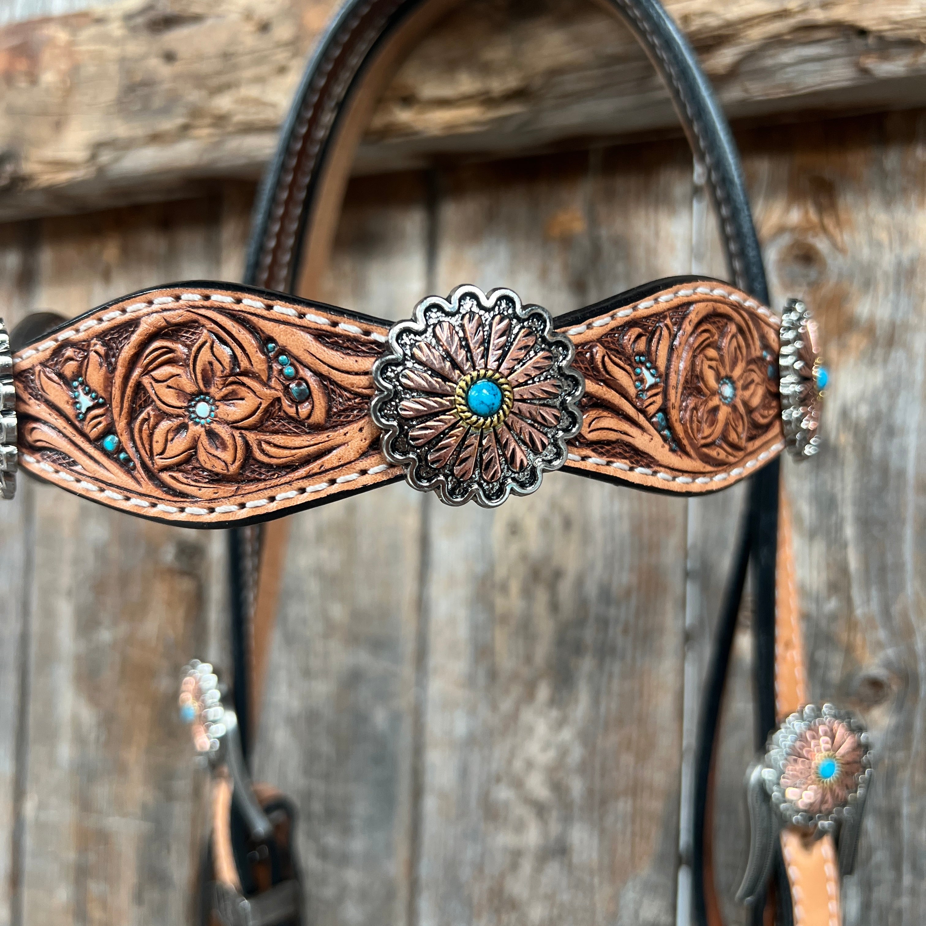 Floral Teal Dot Western Floral Browband/One Ear Headstall & Breastcollar Tack Set #BBBC593 — view 4