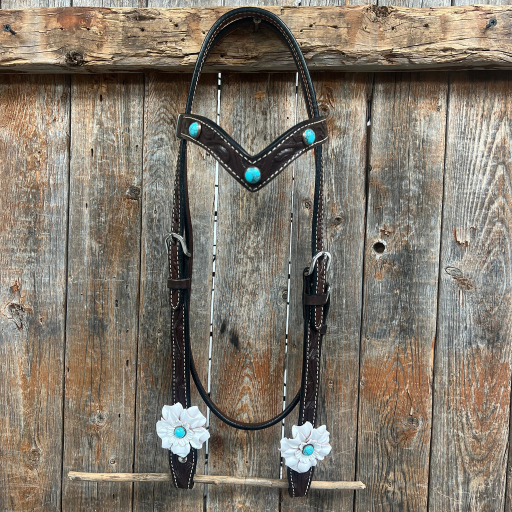 Dark Oil Floral Turquoise Cabochon Browband / Breastcollar Tack Set #BBBC598 — view 2