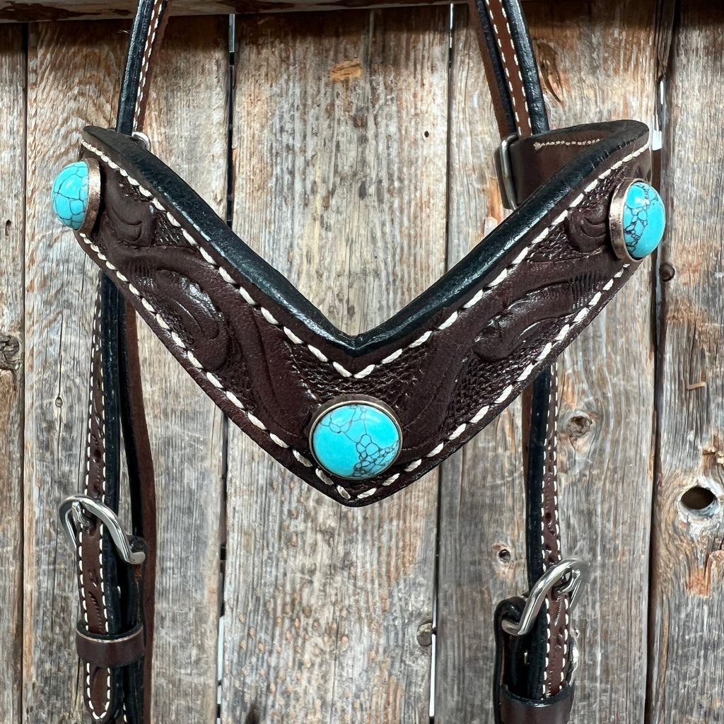 Dark Oil Floral Turquoise Cabochon Browband / Breastcollar Tack Set #BBBC598 — view 3