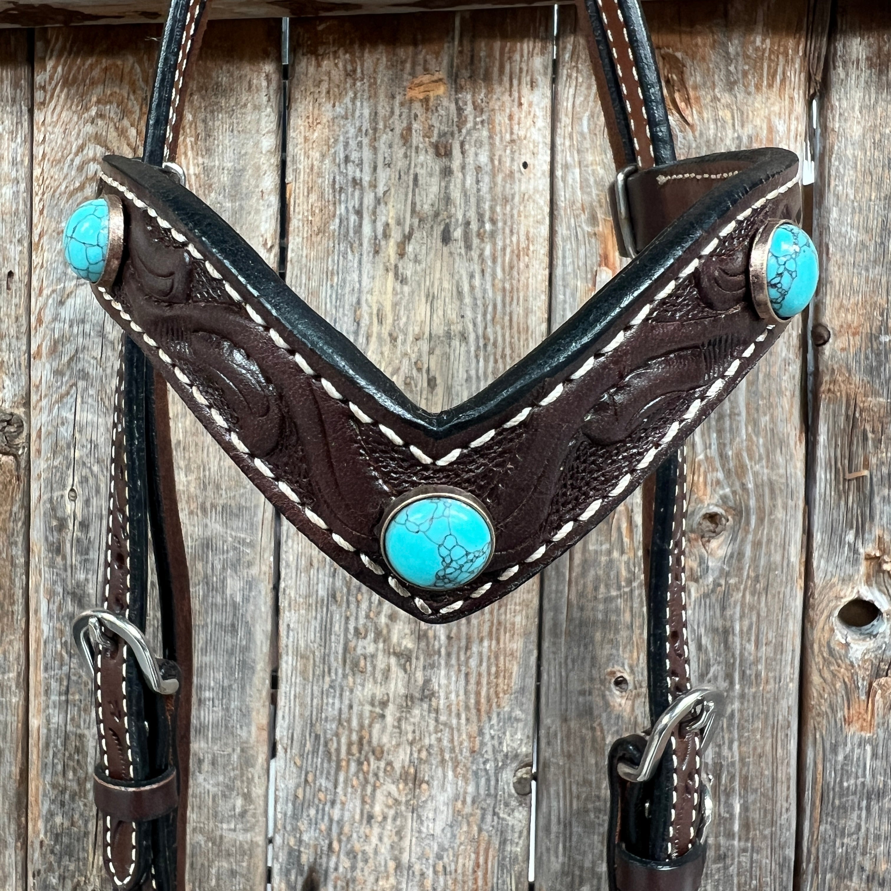 Dark Oil Floral Turquoise Cabochon Browband / Breastcollar Tack Set #BBBC598 — view 3
