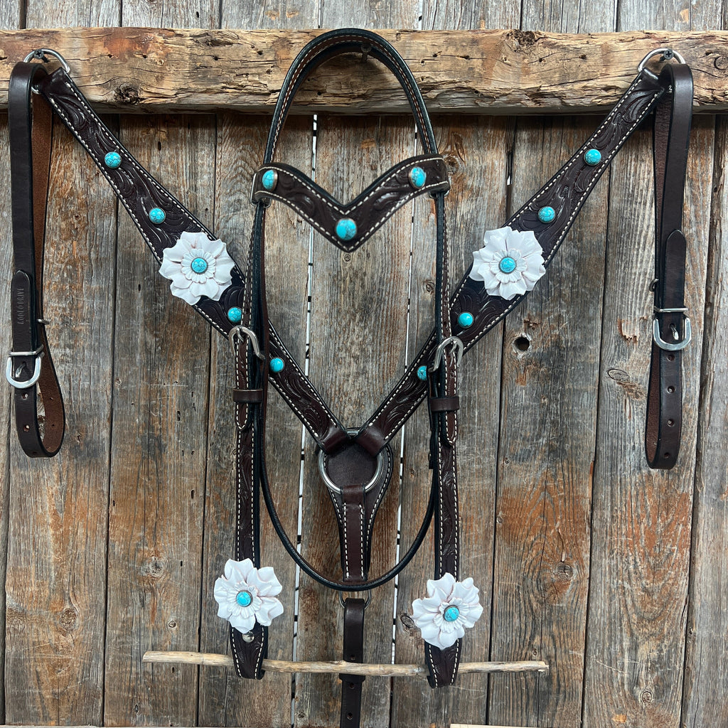 Dark Oil Floral Turquoise Cabochon Browband / Breastcollar Tack Set #BBBC598