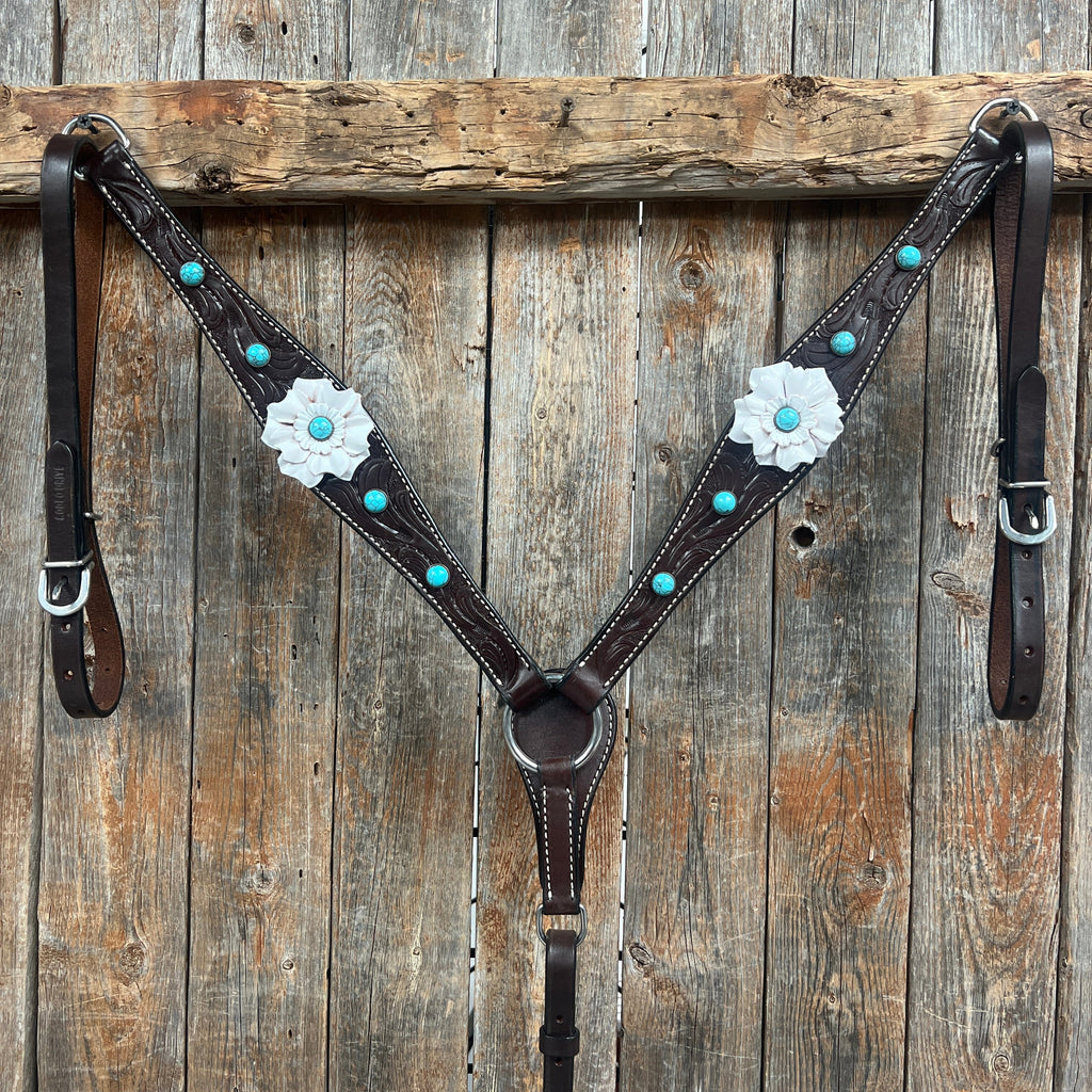 Dark Oil Floral Turquoise Cabochon Browband / Breastcollar Tack Set #BBBC598 — view 5