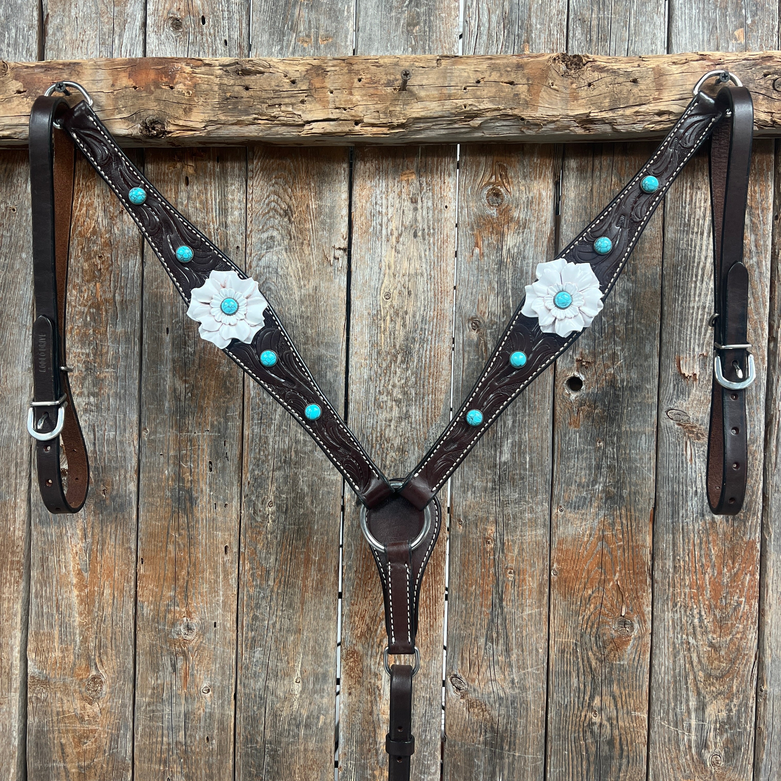 Dark Oil Floral Turquoise Cabochon Browband / Breastcollar Tack Set #BBBC598 — view 5