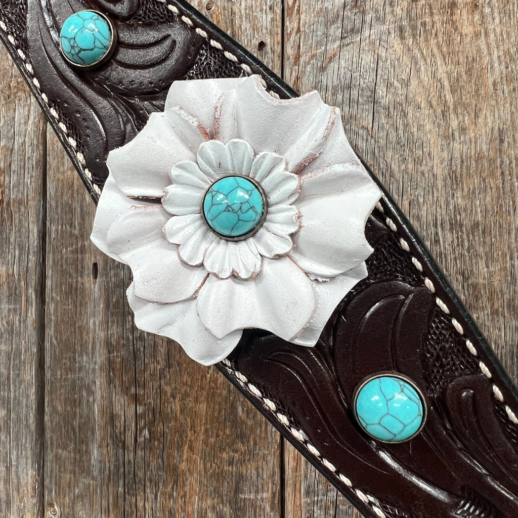 Dark Oil Floral Turquoise Cabochon Browband / Breastcollar Tack Set #BBBC598 — view 6