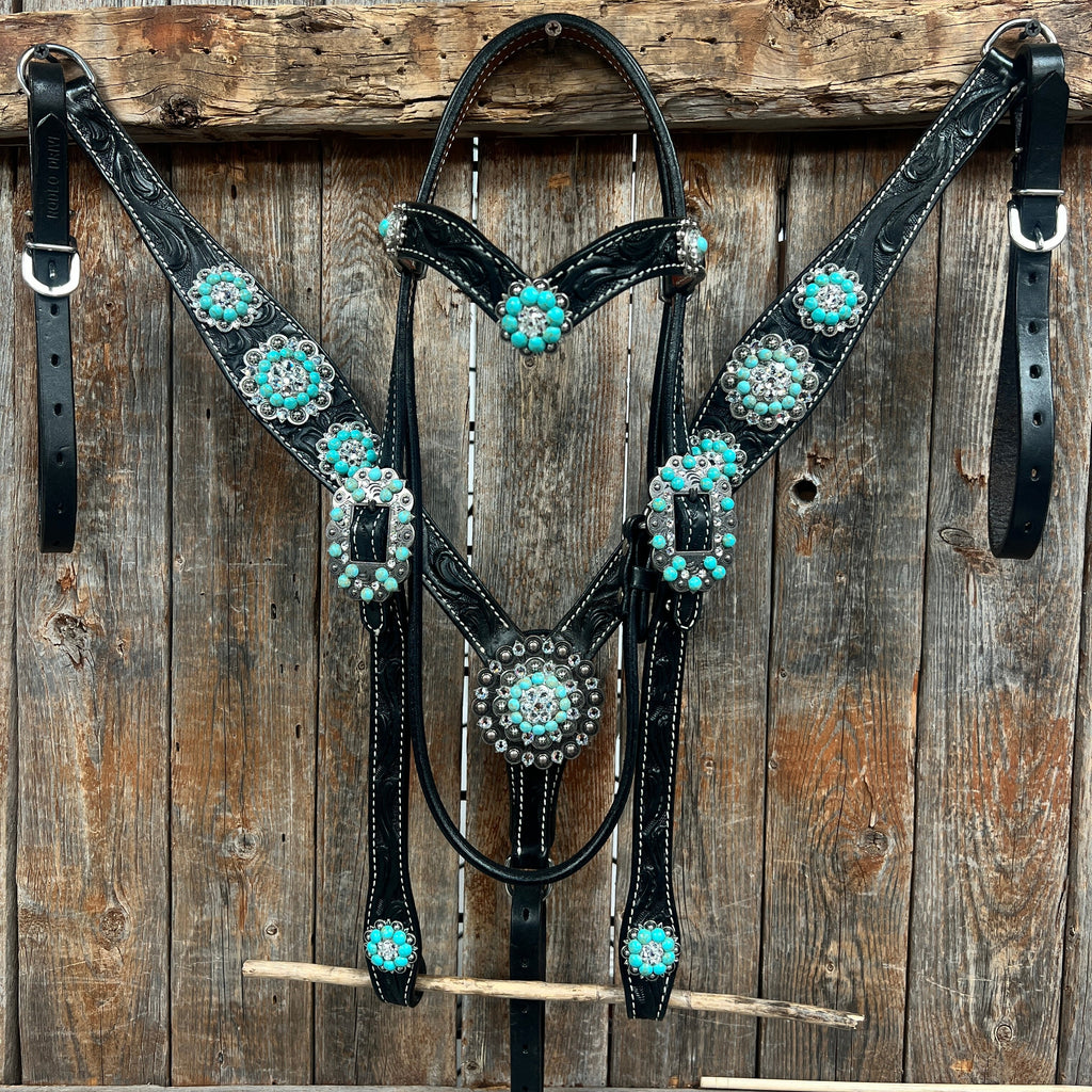 Black Floral Turquoise - Clear Browband / Breastcollar Tack Set #BBBC601