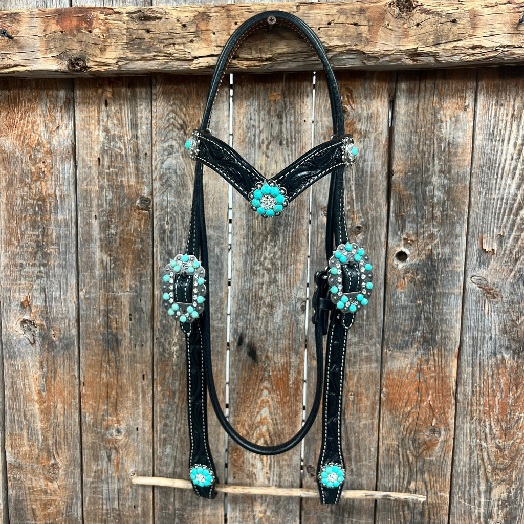 Black Floral Turquoise - Clear Browband / Breastcollar Tack Set #BBBC601 — view 2