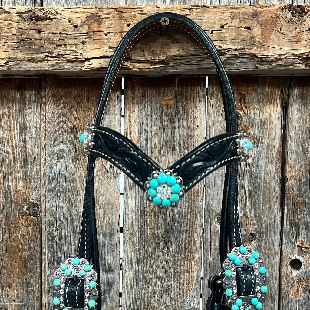 Black Floral Turquoise - Clear Browband / Breastcollar Tack Set #BBBC601 — view 3