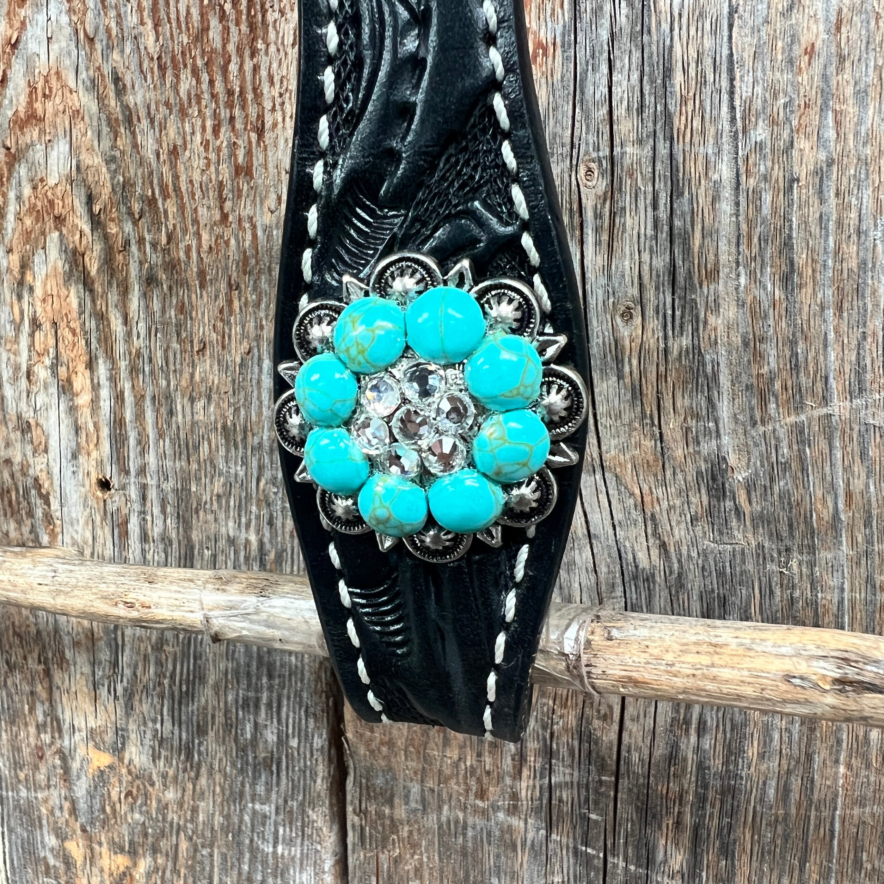 Black Floral Turquoise - Clear Browband / Breastcollar Tack Set #BBBC601 — view 4