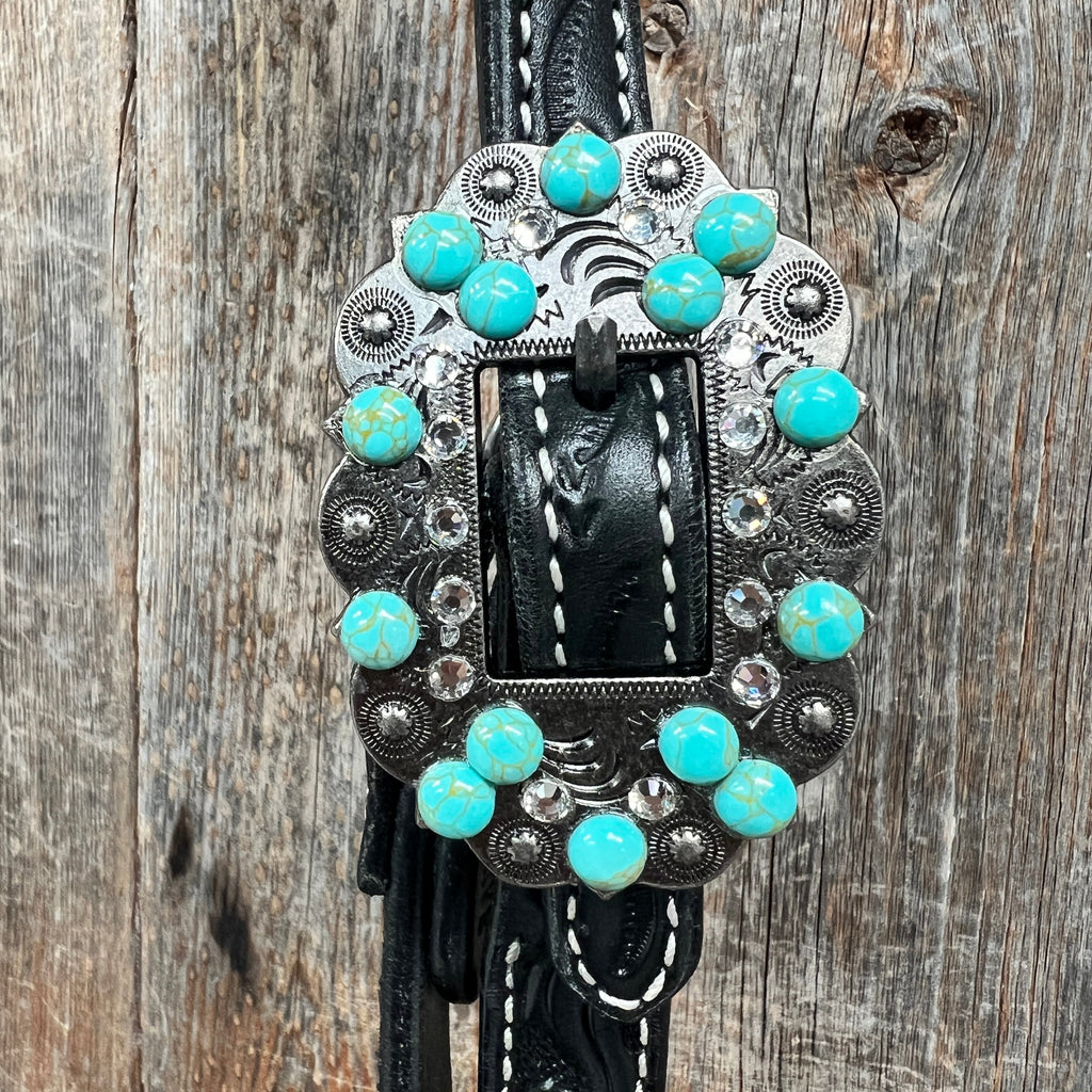 Black Floral Turquoise - Clear Browband / Breastcollar Tack Set #BBBC601 — view 5