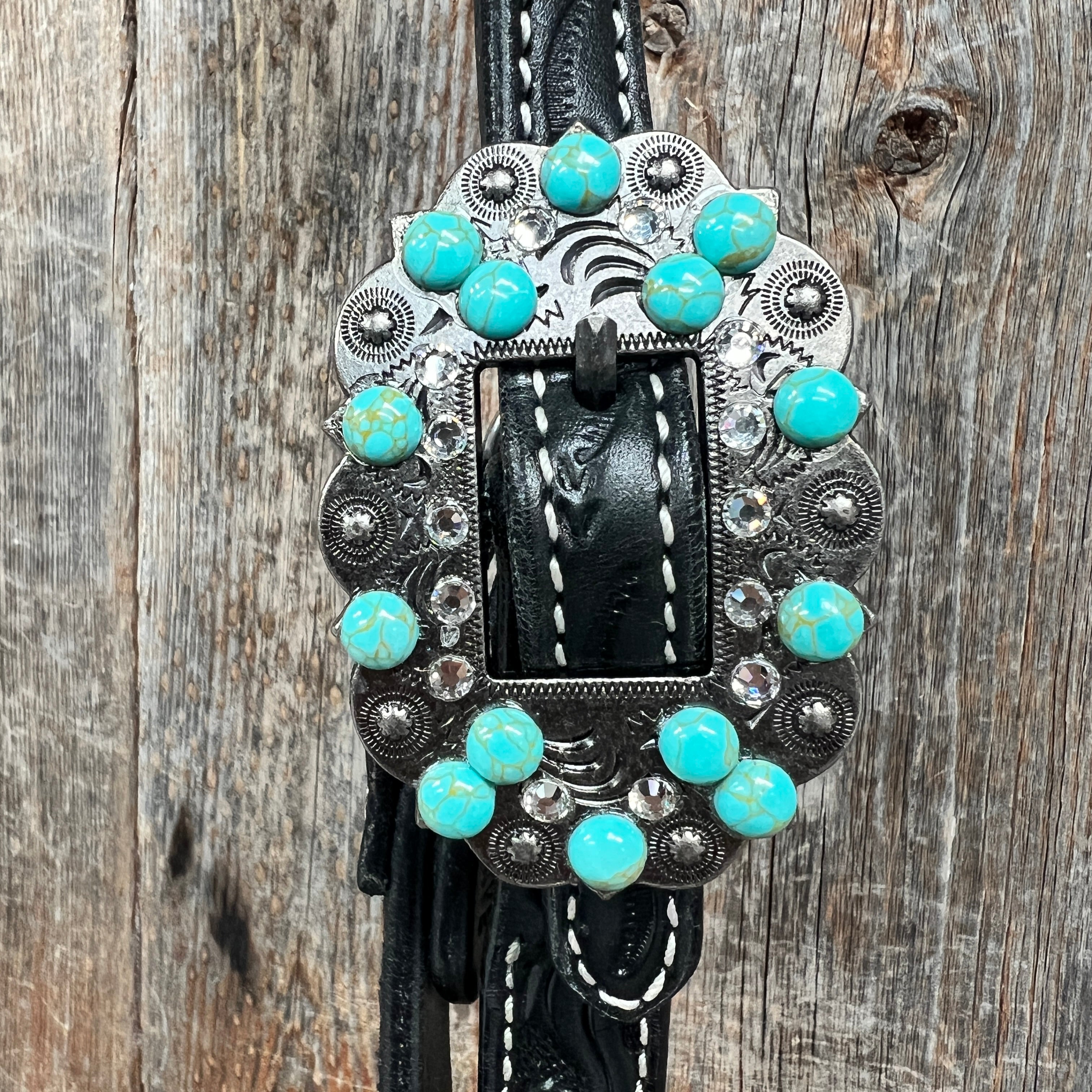 Black Floral Turquoise - Clear Browband / Breastcollar Tack Set #BBBC601 — view 5