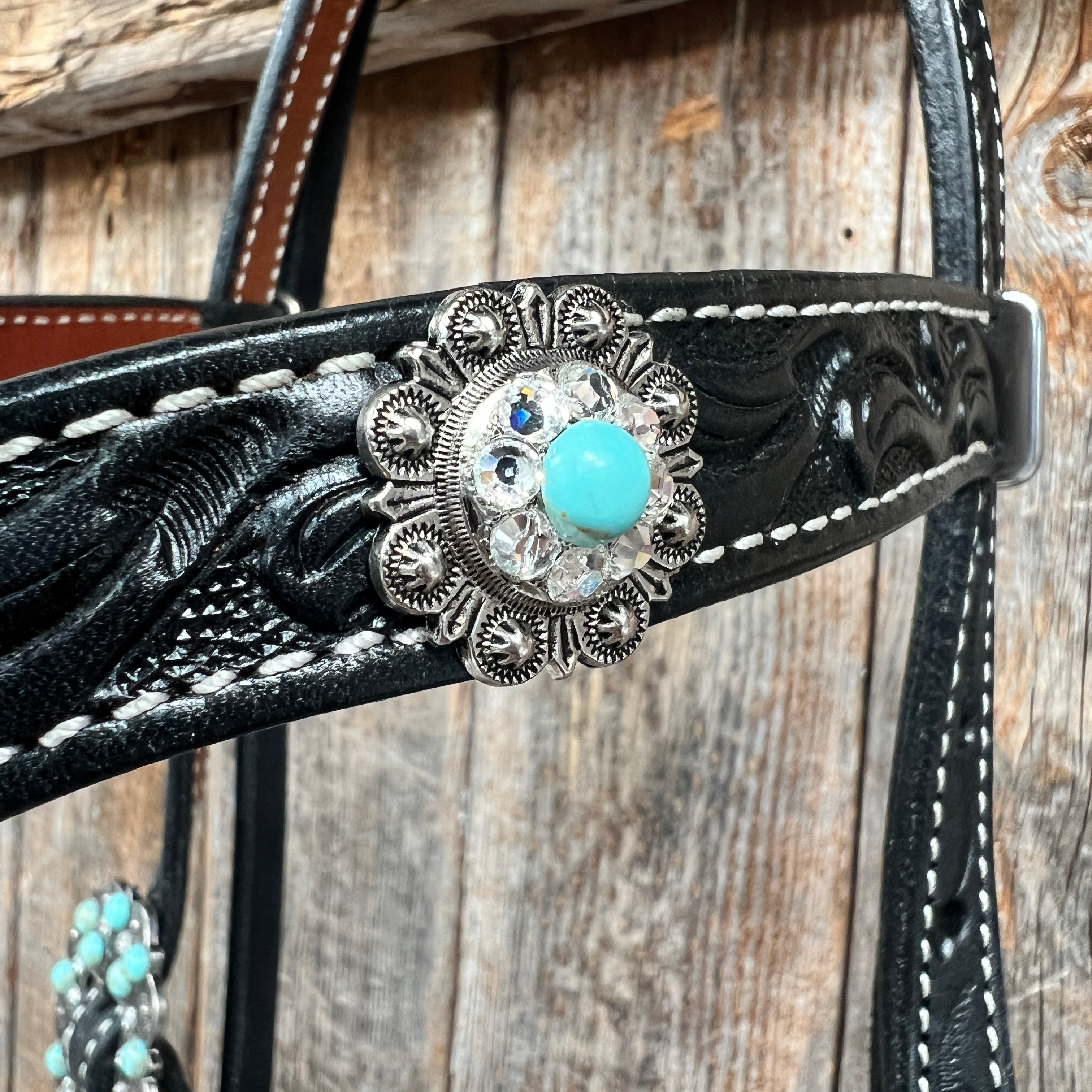 Black Floral Turquoise - Clear Browband / Breastcollar Tack Set #BBBC601 — view 6