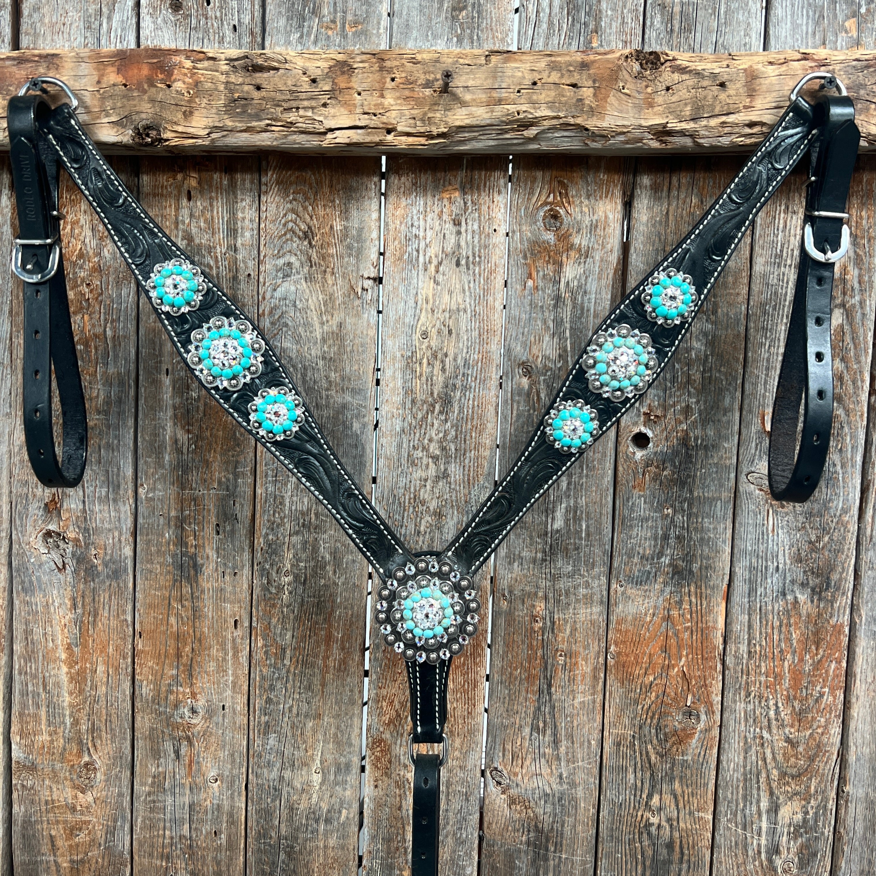 Black Floral Turquoise - Clear Browband / Breastcollar Tack Set #BBBC601 — view 7
