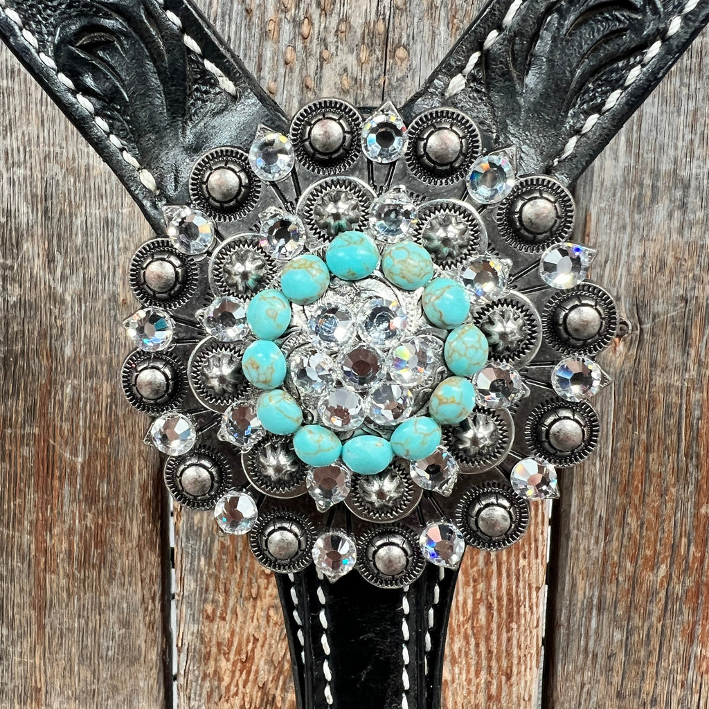 Black Floral Turquoise - Clear Browband / Breastcollar Tack Set #BBBC601 — view 8