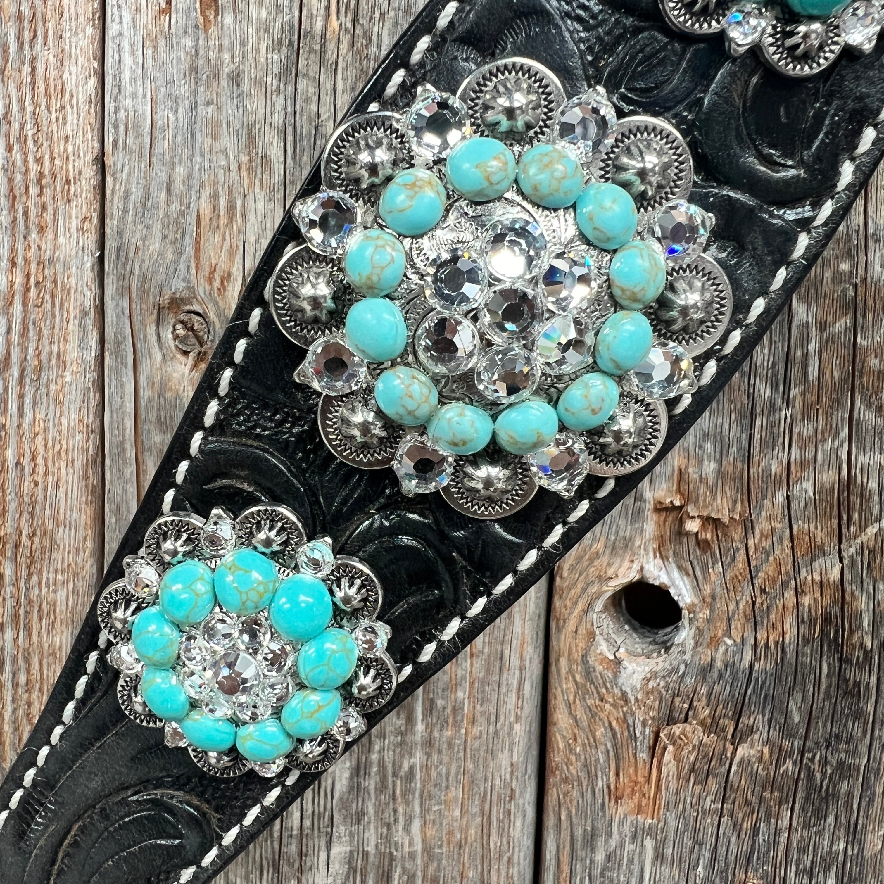 Black Floral Turquoise - Clear Browband / Breastcollar Tack Set #BBBC601 — view 9