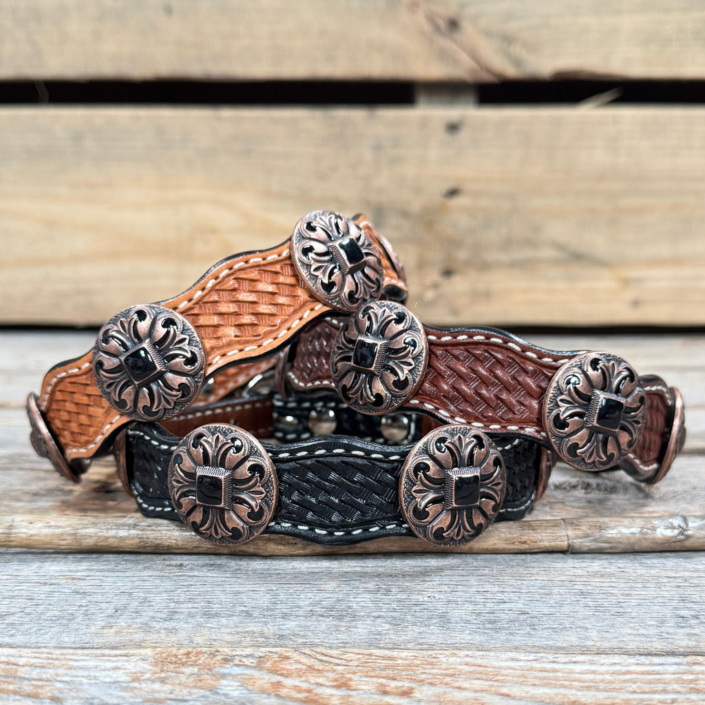 Genuine Leather Dog Collar or Leash With Black Fleur De Lis Conchos 10" to 22" W241 -DC73 — view 2