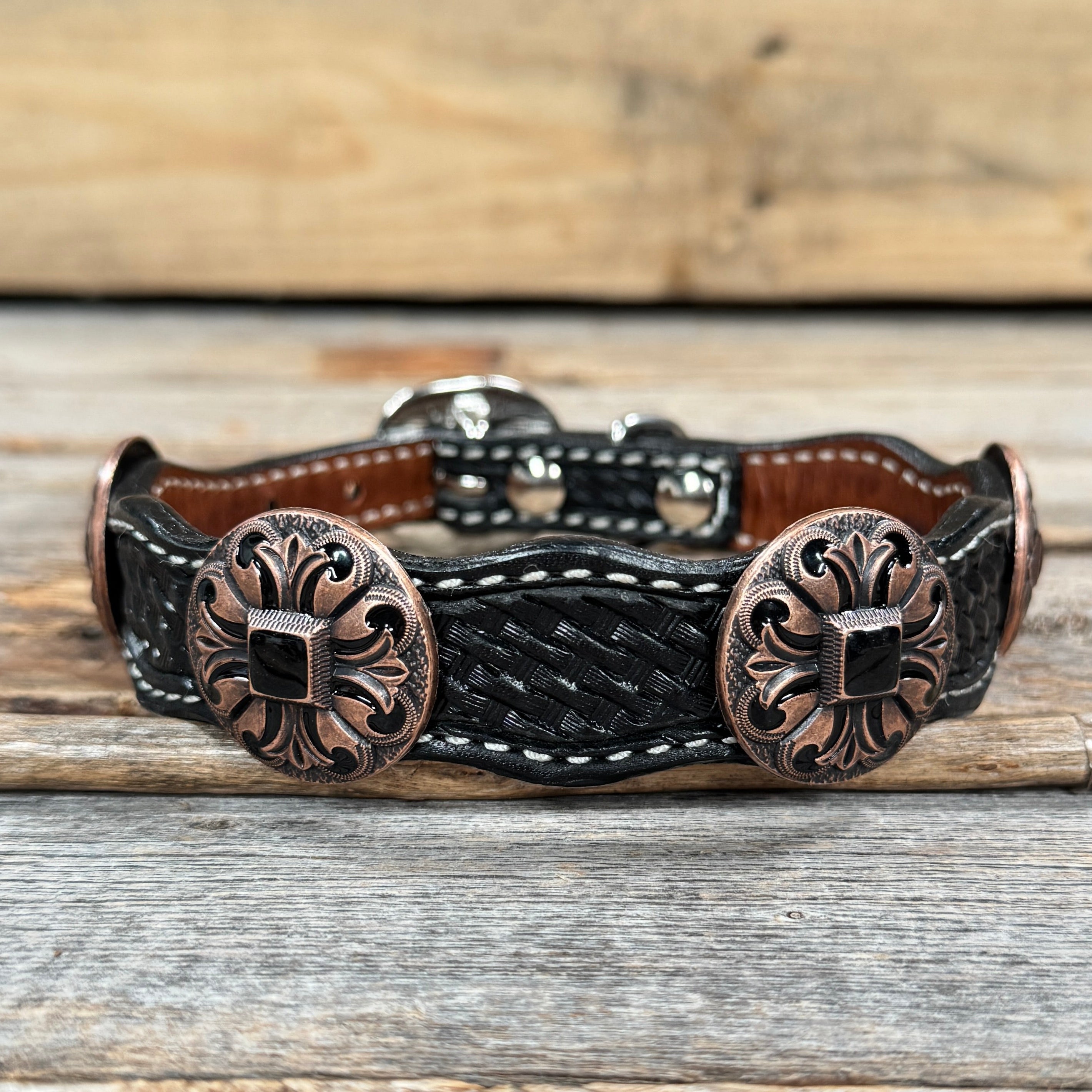 Genuine Leather Dog Collar or Leash With Black Fleur De Lis Conchos 10" to 22" W241 -DC73 — view 5