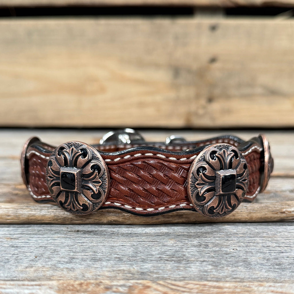 Genuine Leather Dog Collar or Leash With Black Fleur De Lis Conchos 10" to 22" W241 -DC73 — view 4