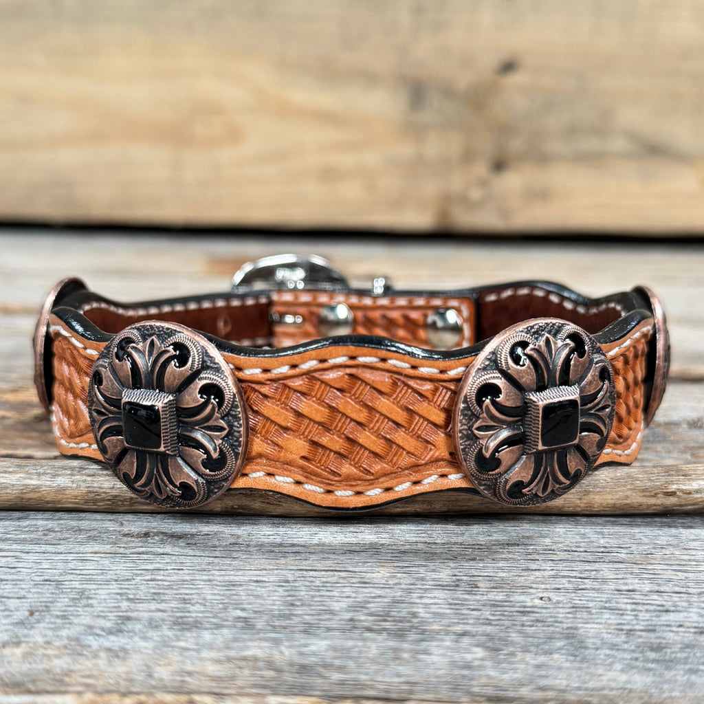 Genuine Leather Dog Collar or Leash With Black Fleur De Lis Conchos 10" to 22" W241 -DC73 — view 3