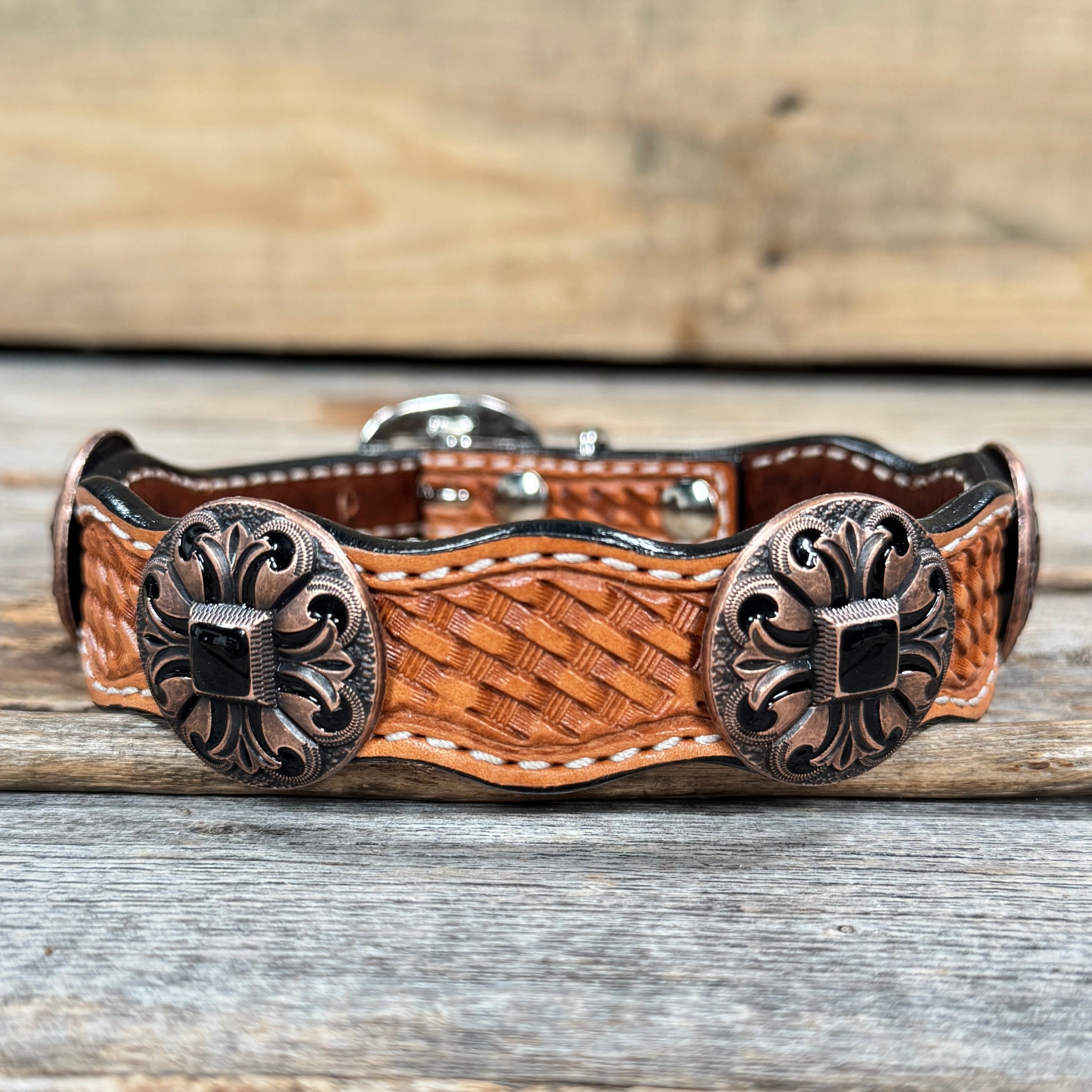 Genuine Leather Dog Collar or Leash With Black Fleur De Lis Conchos 10" to 22" W241 -DC73 — view 3