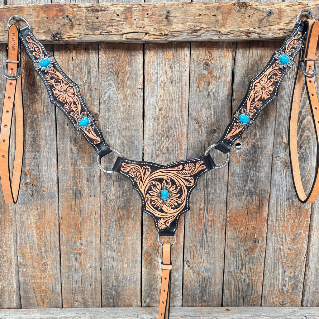 Two Tone Floral Triangle Antique Silver Turquoise Browband/One Ear - Triangle/Gladiator Breastcollar Tack Set #OEBC542 — view