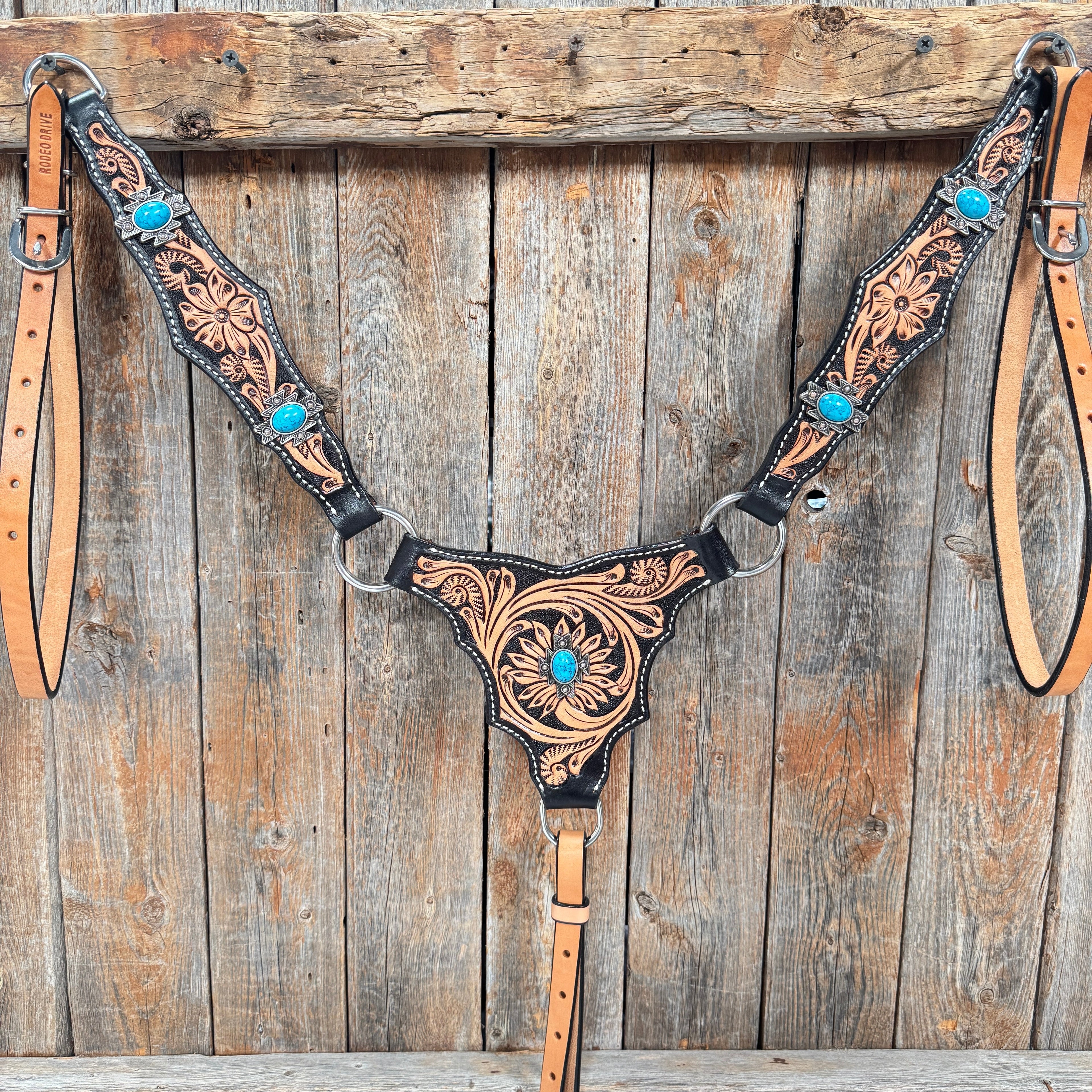 Two Tone Floral Triangle Antique Silver Turquoise Browband/One Ear - Triangle/Gladiator Breastcollar Tack Set #OEBC542 — view