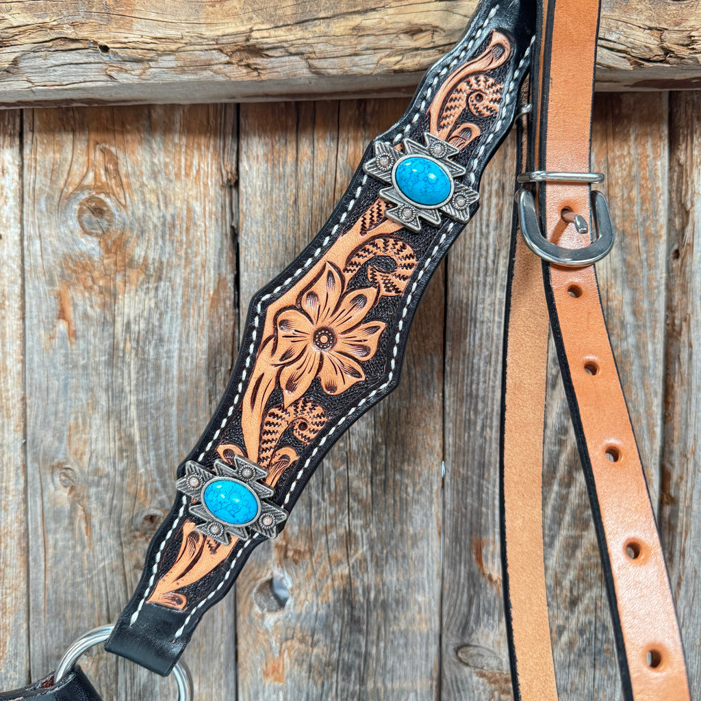 Two Tone Floral Triangle Antique Silver Turquoise Browband/One Ear - Triangle/Gladiator Breastcollar Tack Set #OEBC542 — view