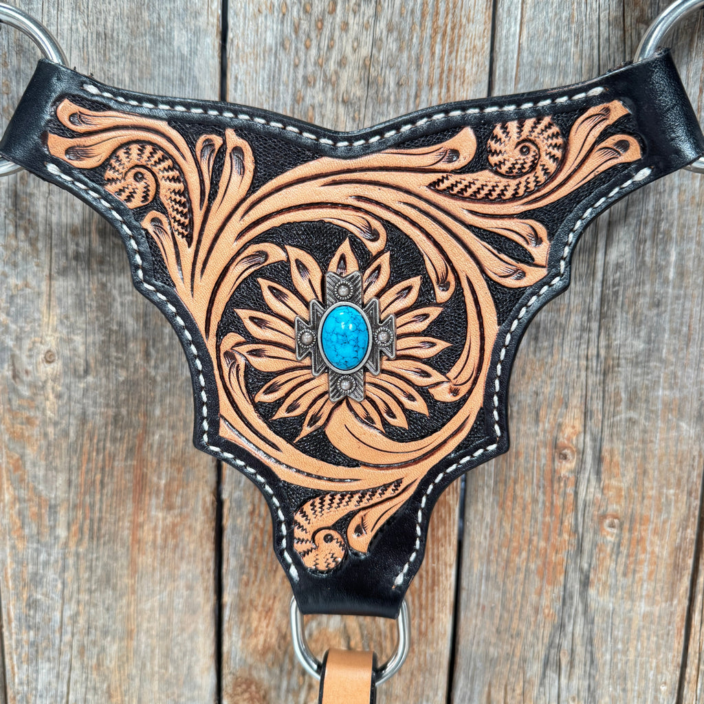 Two Tone Floral Triangle Antique Silver Turquoise Browband/One Ear - Triangle/Gladiator Breastcollar Tack Set #OEBC542 — view