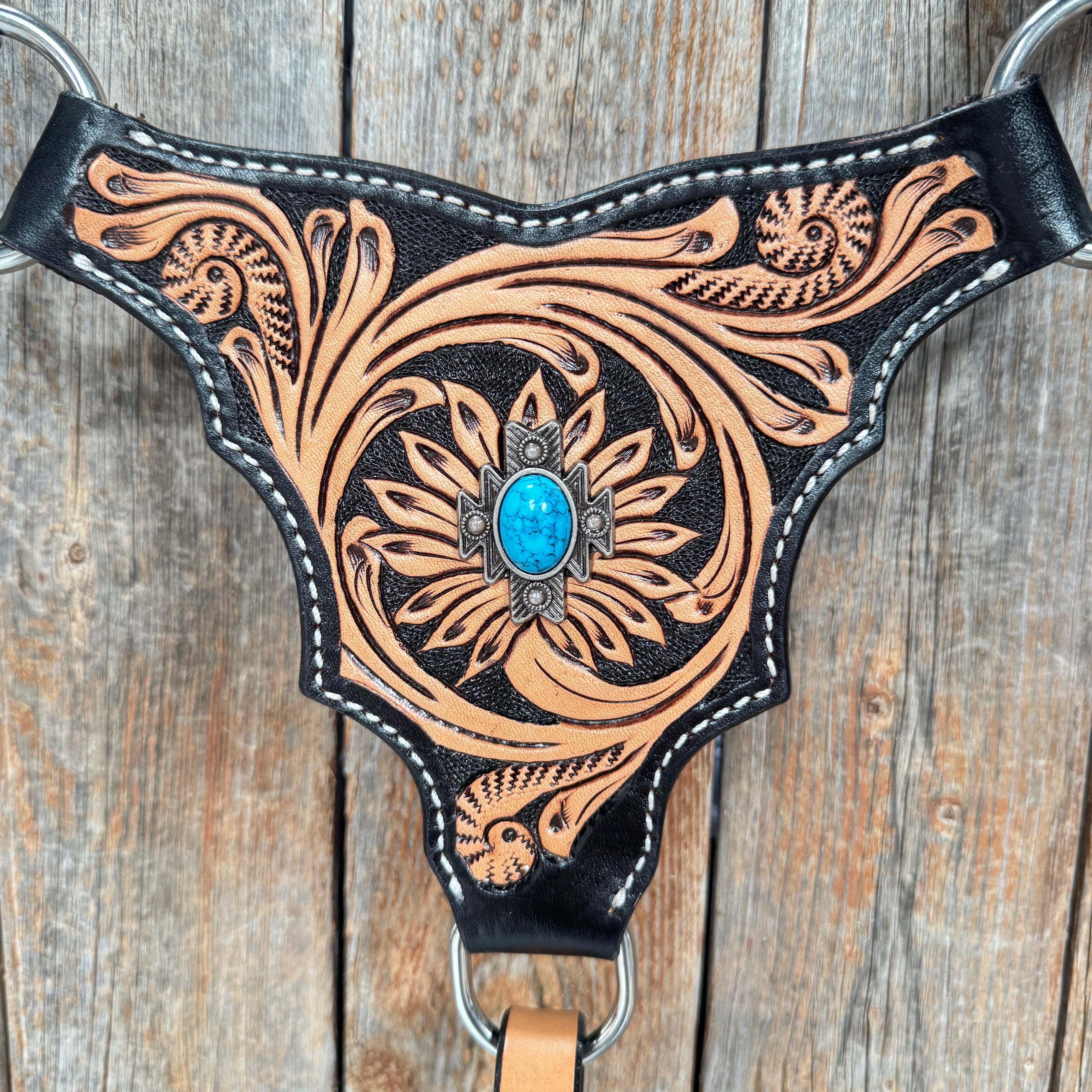 Two Tone Floral Triangle Antique Silver Turquoise Browband/One Ear - Triangle/Gladiator Breastcollar Tack Set #OEBC542 — view