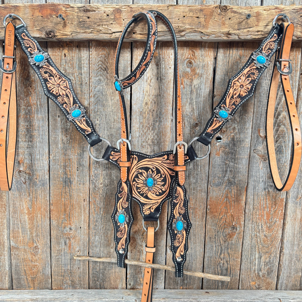 Two Tone Floral Triangle Antique Silver Turquoise Browband/One Ear - Triangle/Gladiator Breastcollar Tack Set #OEBC542 — view